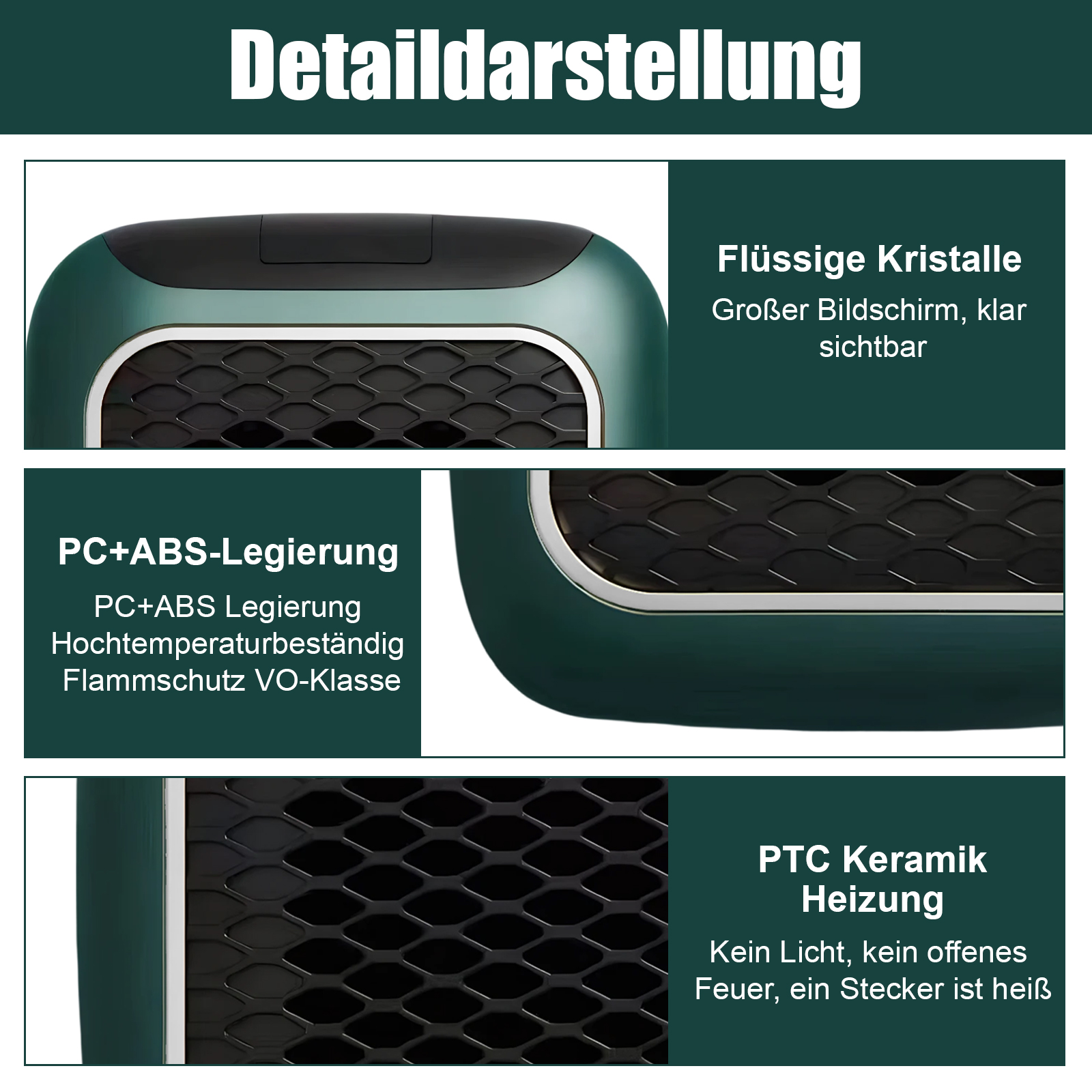 Detailansicht eines grün-schwarzen Geräts mit Textbeschriftungen, die Funktionen wie Heizen und Materialien beschreiben.