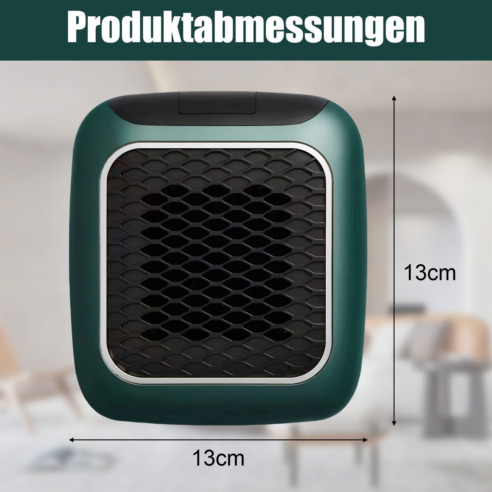 Grüne Heizung mit schwarzer Front und Abmessungen: 13cm x 13cm. Text 'Produktabmessungen' oben.