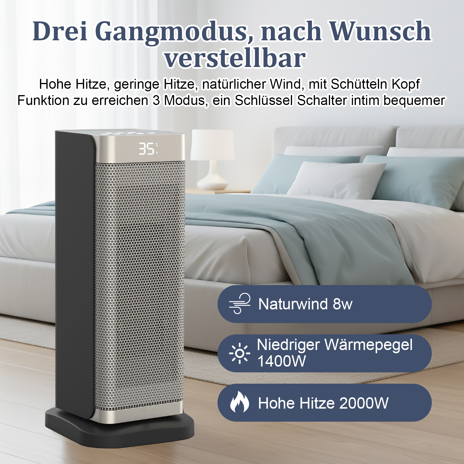 Ein schwarz-silberner Heizlüfter zeigt 35 Grad an. Er hat drei Modi: natürlicher Wind, niedrige Hitze und hohe Hitze.