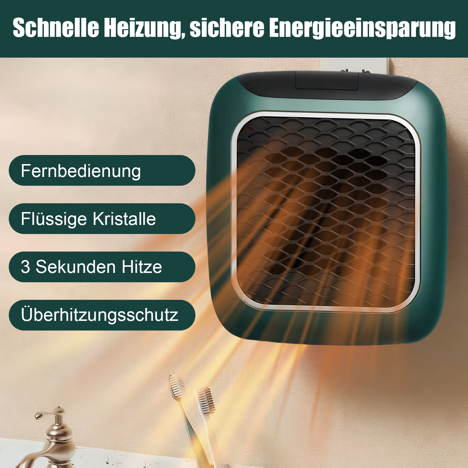 Ein grüner Heizlüfter mit schwarzem Grill an einer Wand. Es gibt Text, der Wärme ausstrahlt. Zahnbürsten und Wasserhahn sind sichtbar.