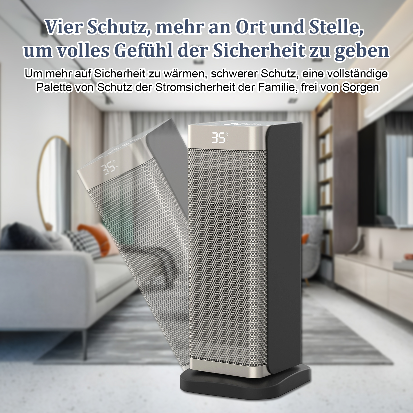 Ein moderner silberner und schwarzer Heizkörper. Die Digitalanzeige zeigt 35 Grad. Im Hintergrund ist ein Wohnzimmer unscharf.