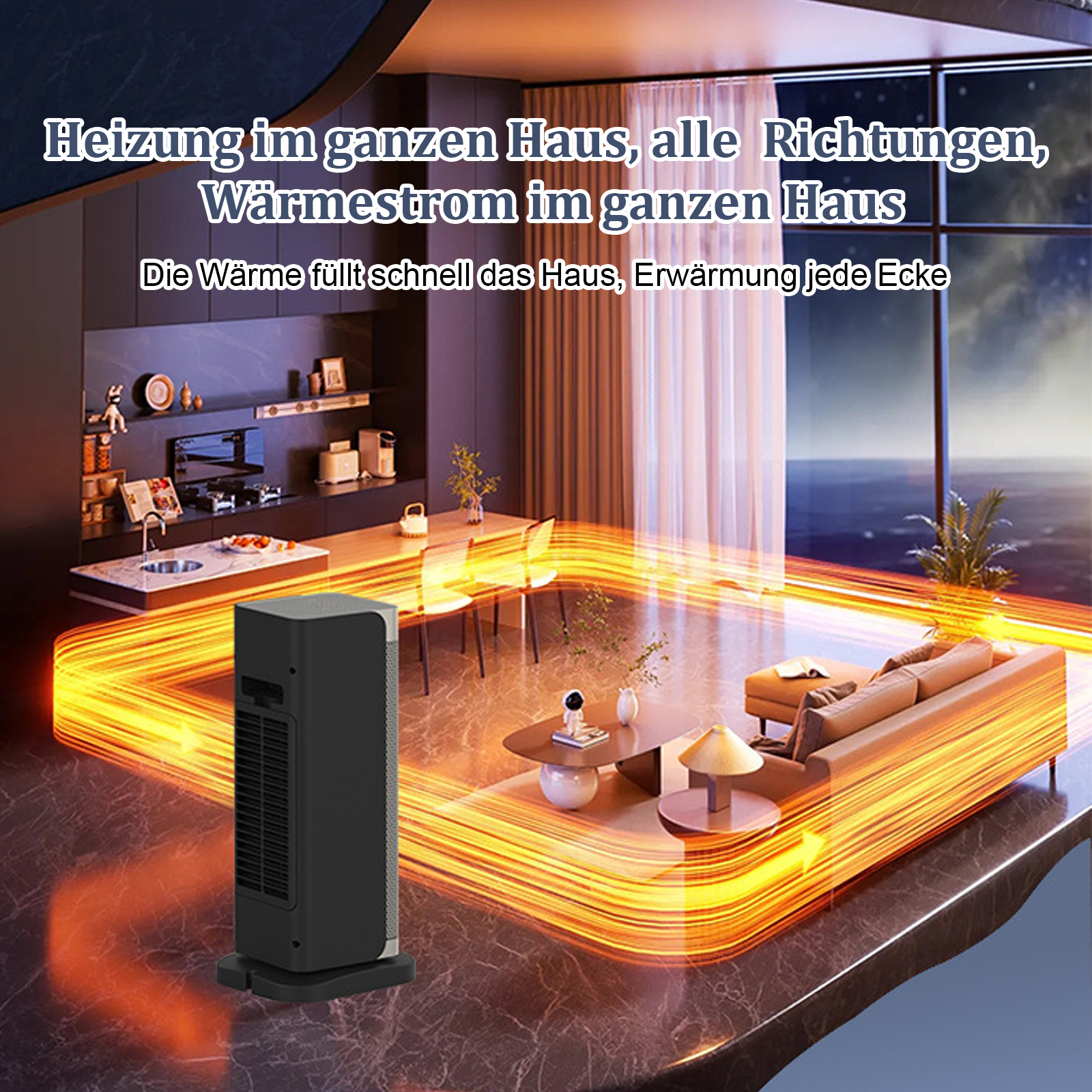 Ein modernes Wohnzimmer mit Heizung, Möbeln und einem leuchtenden Wärmeflusseffekt.