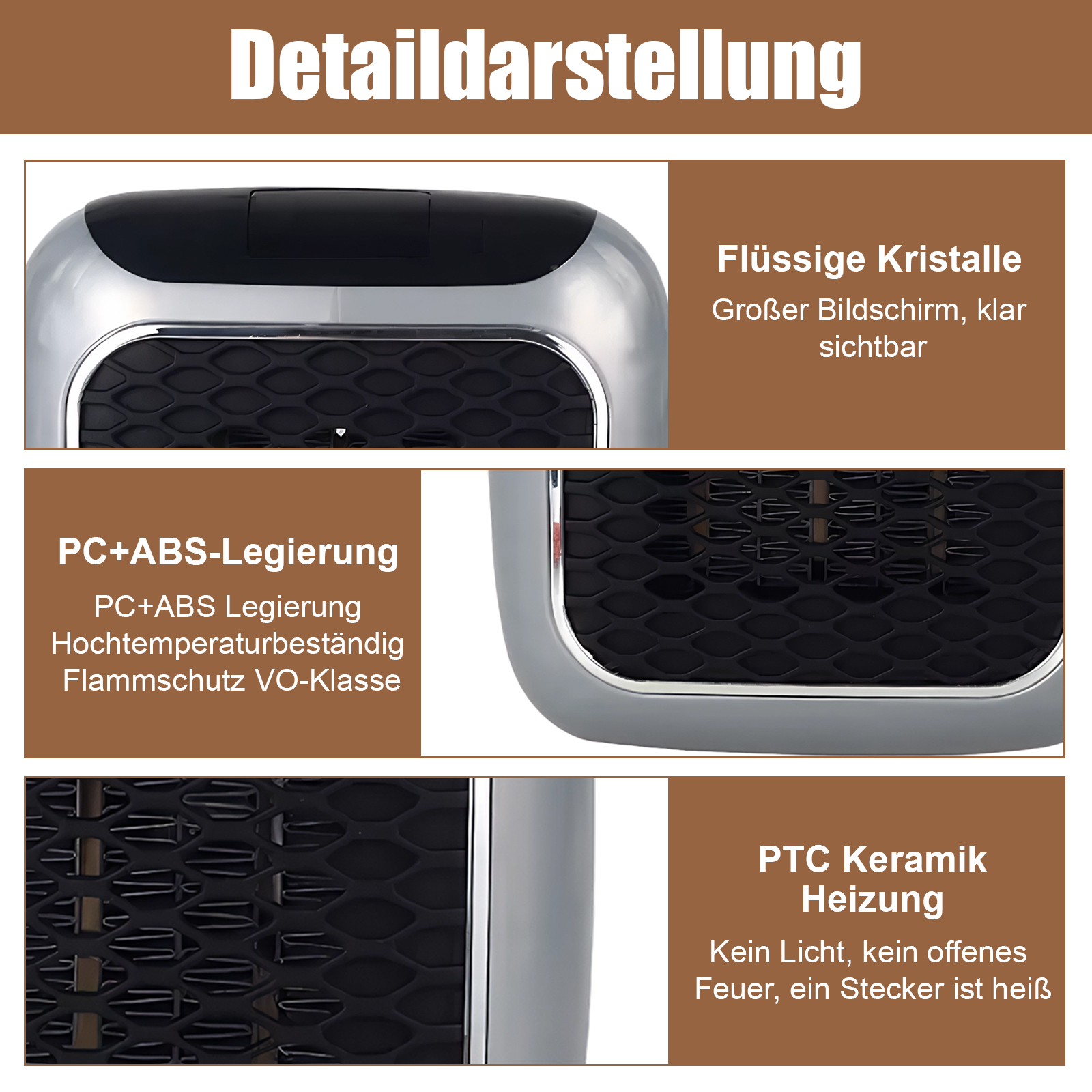 Nahaufnahme eines Geräts mit Textbeschriftungen: Flüssigkristalle, PC+ABS-Legierung und PTC-Keramikheizung. Das Gerät hat ein schwarz-graues Design.