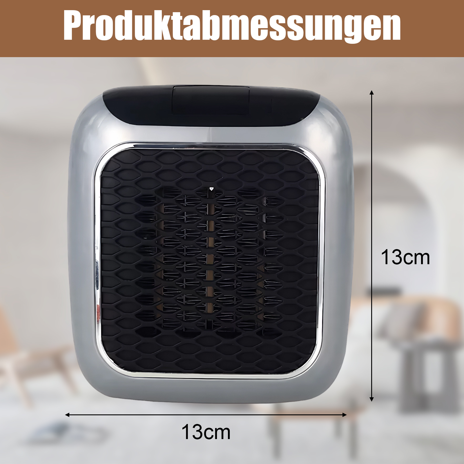 Ein silberner und schwarzer Elektroheizer, Abmessungen 13cm x 13cm, mit Gitter und Produktmaßen auf Deutsch.
