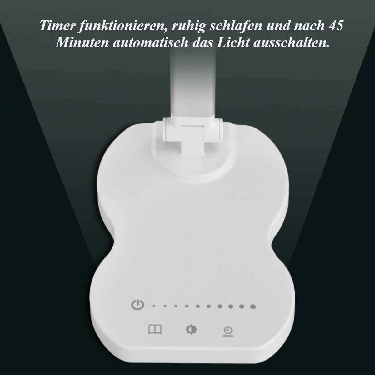 Eine weiße Lampe mit gebogenem Körper. Die Lampe hat Knöpfe und Kontrollleuchten. Text sagt: Timer, schlafen und automatisch ausschalten.