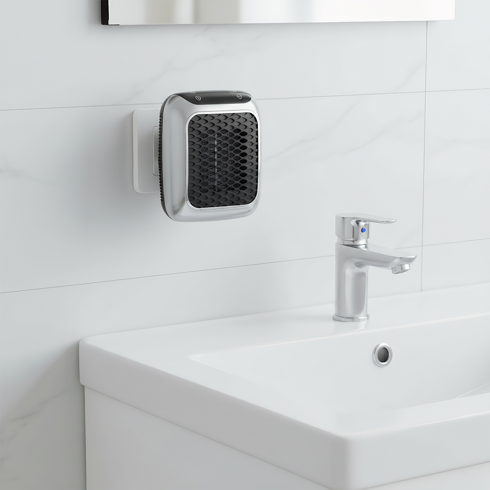 Eine Badezimmerszene. Ein an der Wand montierter Heizlüfter über einem Waschbecken mit Wasserhahn. Weiße Fliesen bilden den Hintergrund.