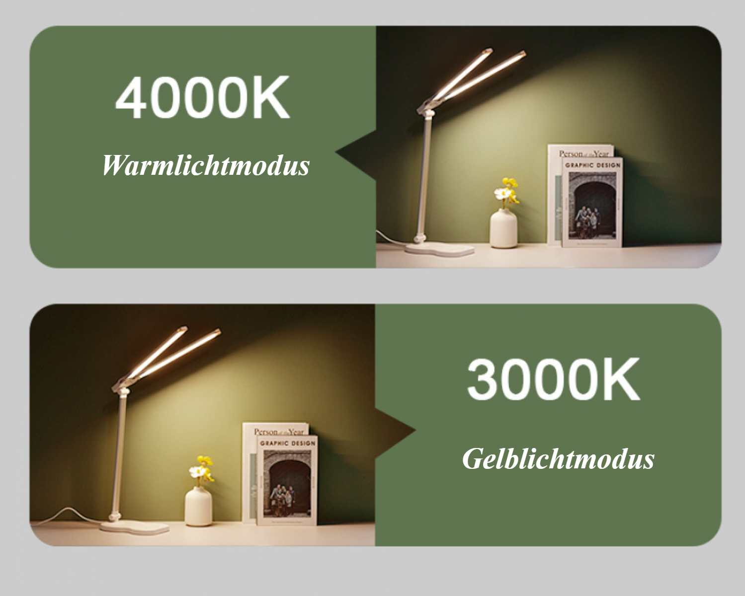 Das Bild zeigt eine Schreibtischlampe, ein Buch und eine Vase mit Blumen. Der obere Teil zeigt 4000K, der untere Teil 3000K.