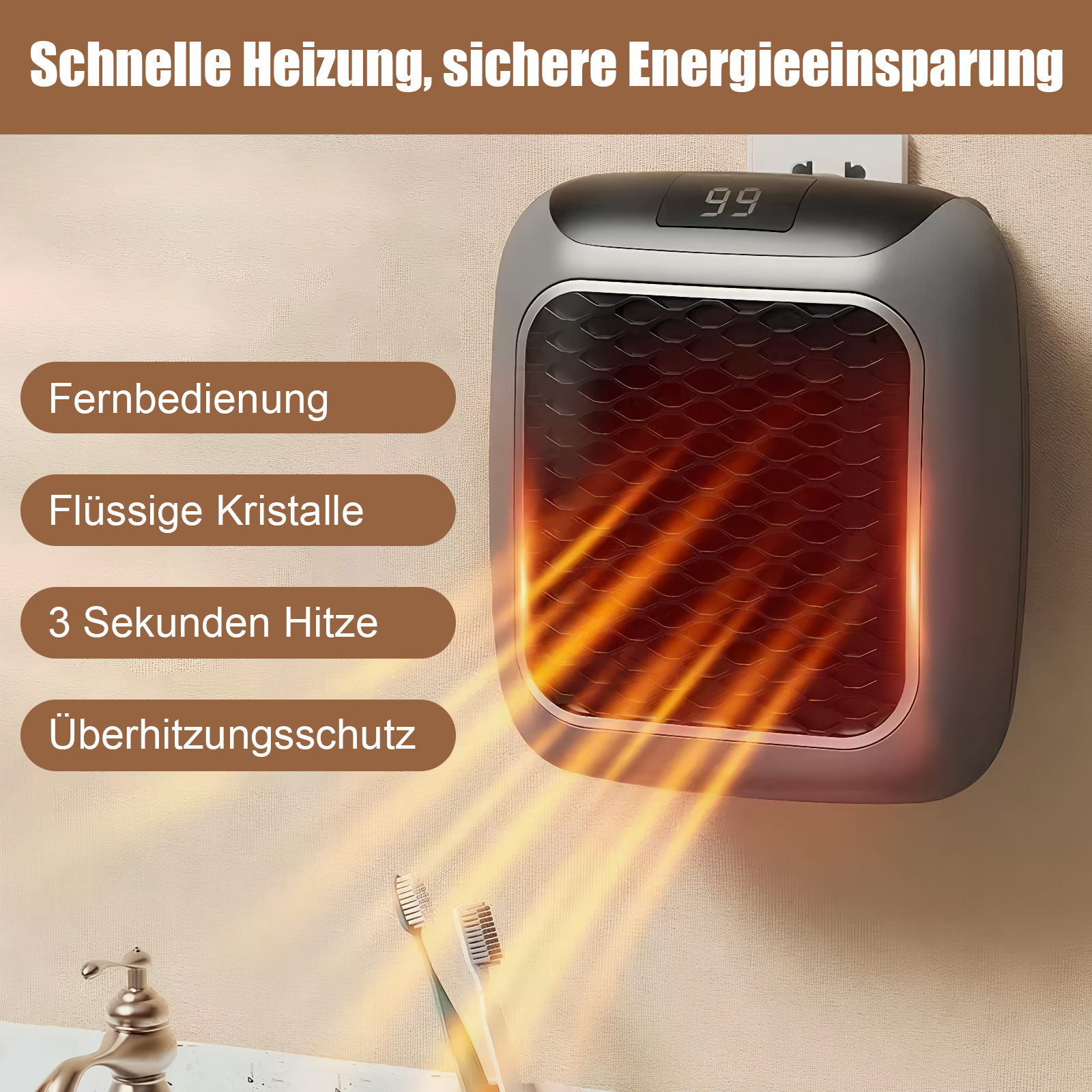 Elektrische Heizung mit Digitalanzeige, an einer beigen Wand, mit Wasserhahn und Zahnbürsten im Vordergrund und vier Textetiketten.