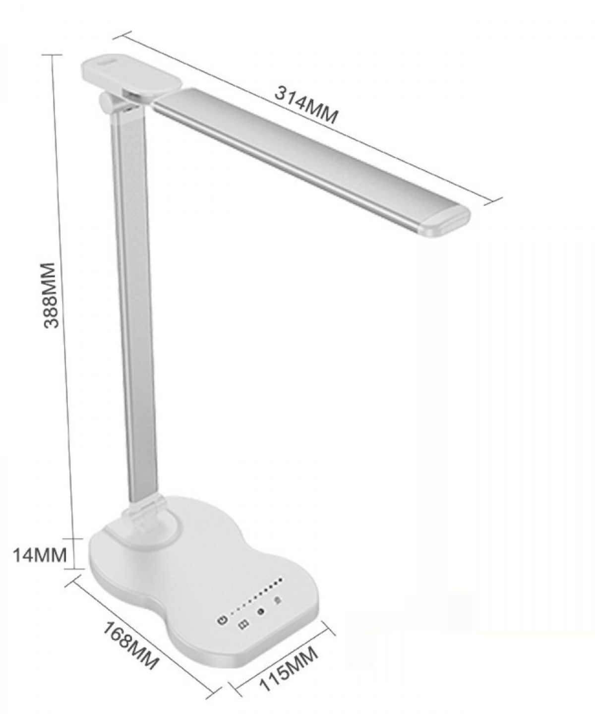 Eine weiße LED-Schreibtischlampe wird mit Maßangaben angezeigt. Sie hat einen rechteckigen Kopf und einen gebogenen Sockel mit Steuertasten.