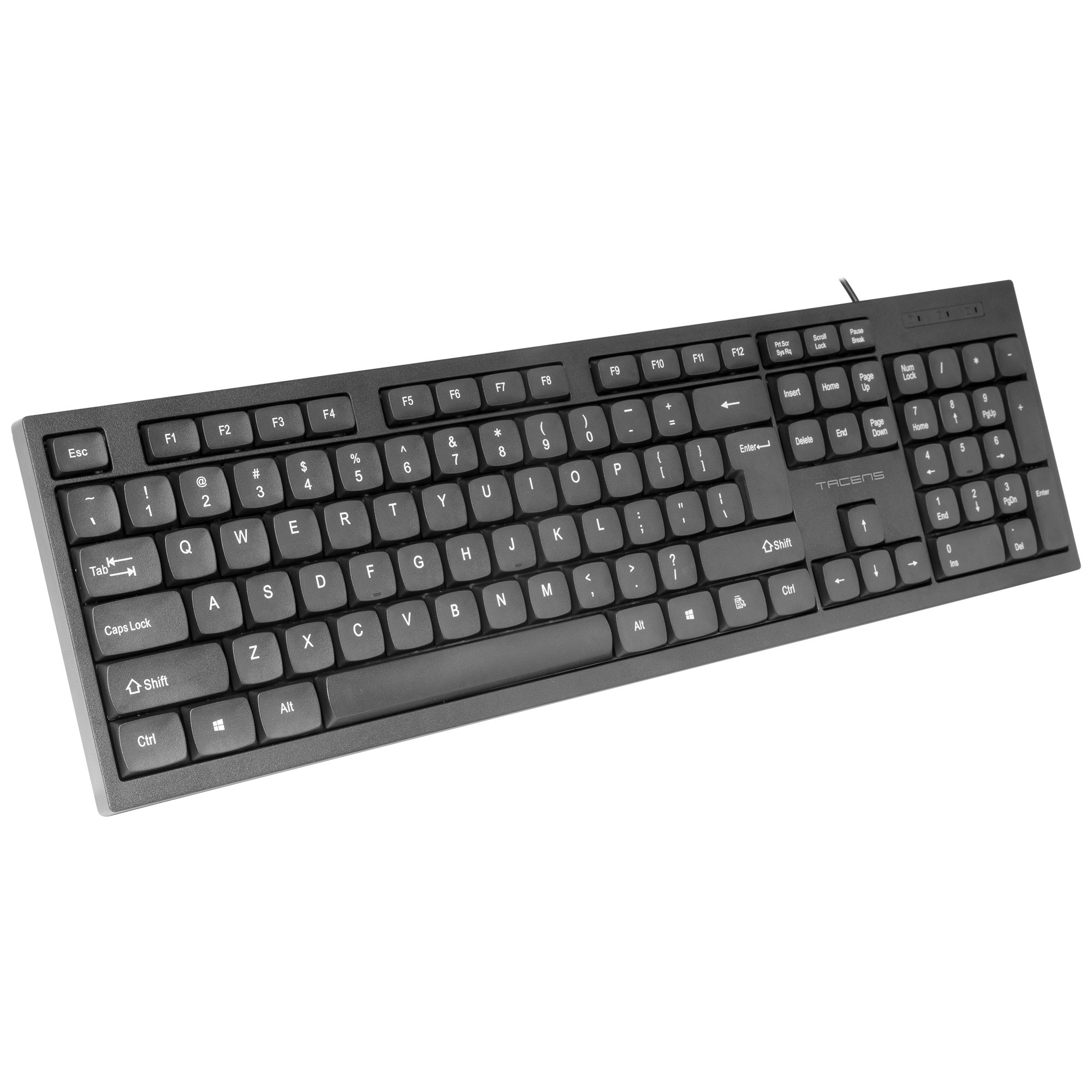 Un teclado de computadora negro con letras y números blancos. Tiene un diseño estándar con teclas de función.