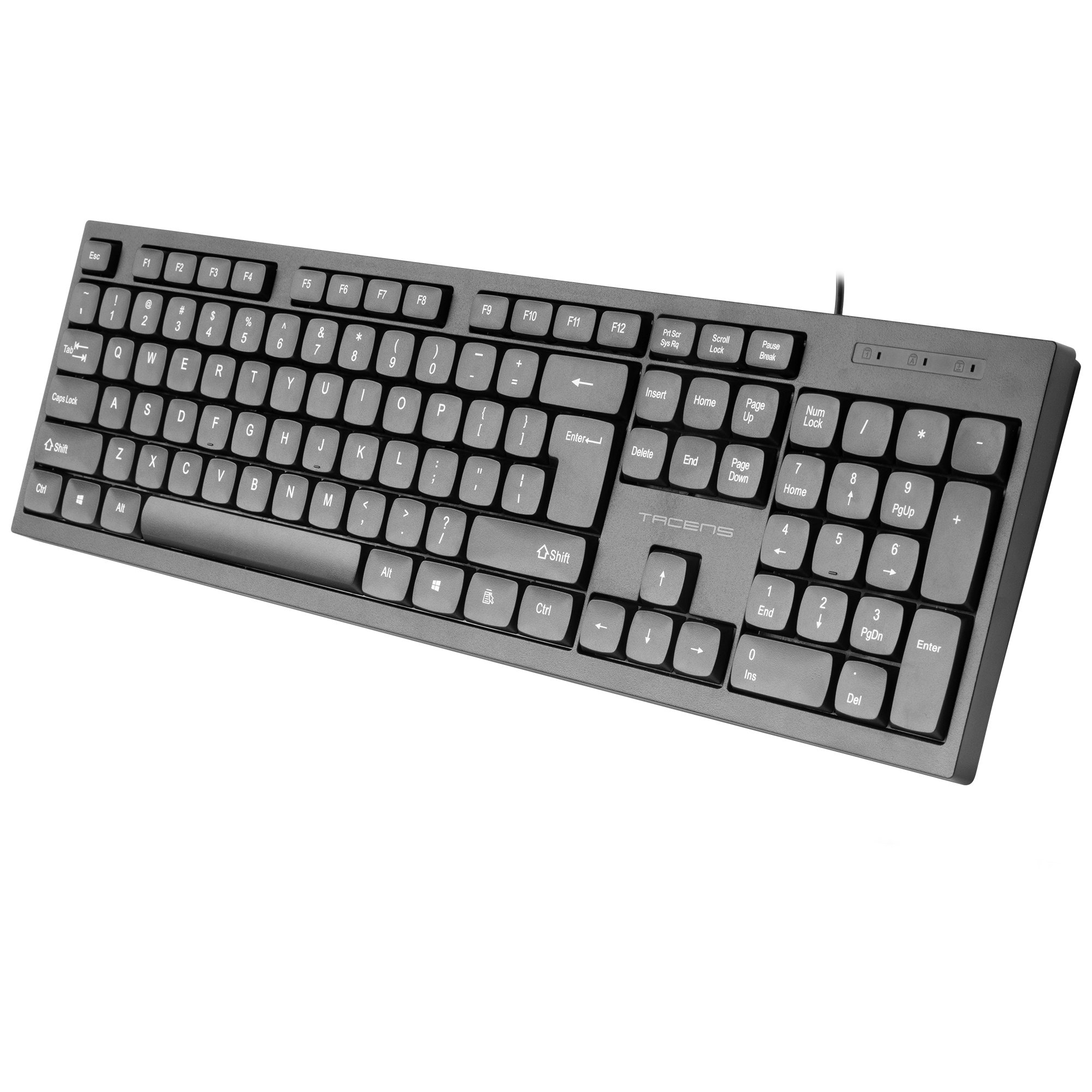 Teclado de ordenador negro con letras y números blancos, incluyendo teclas de función y teclado numérico.