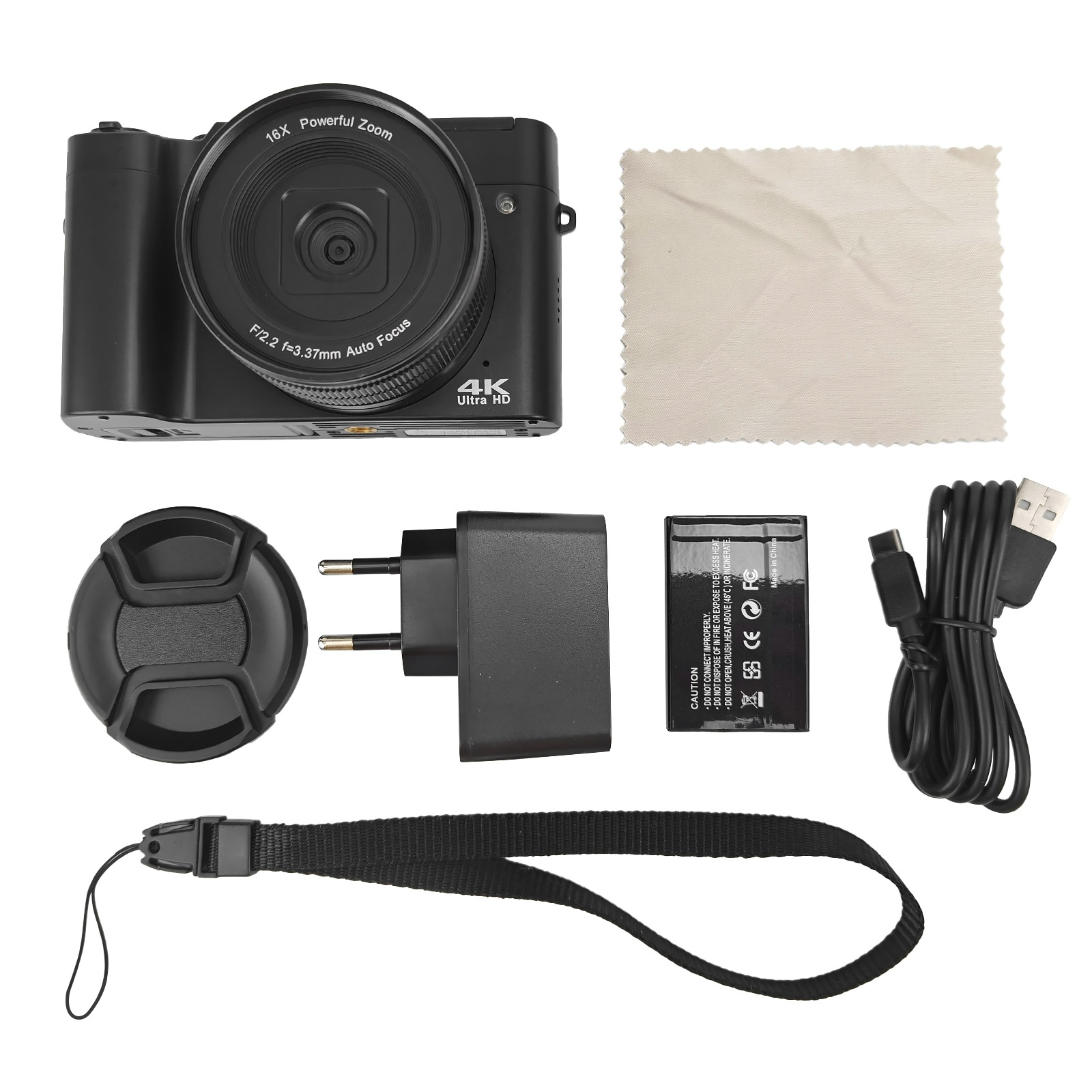 Czarny aparat z akcesoriami: osłona obiektywu, ładowarka, bateria, pasek, ściereczka i kabel.