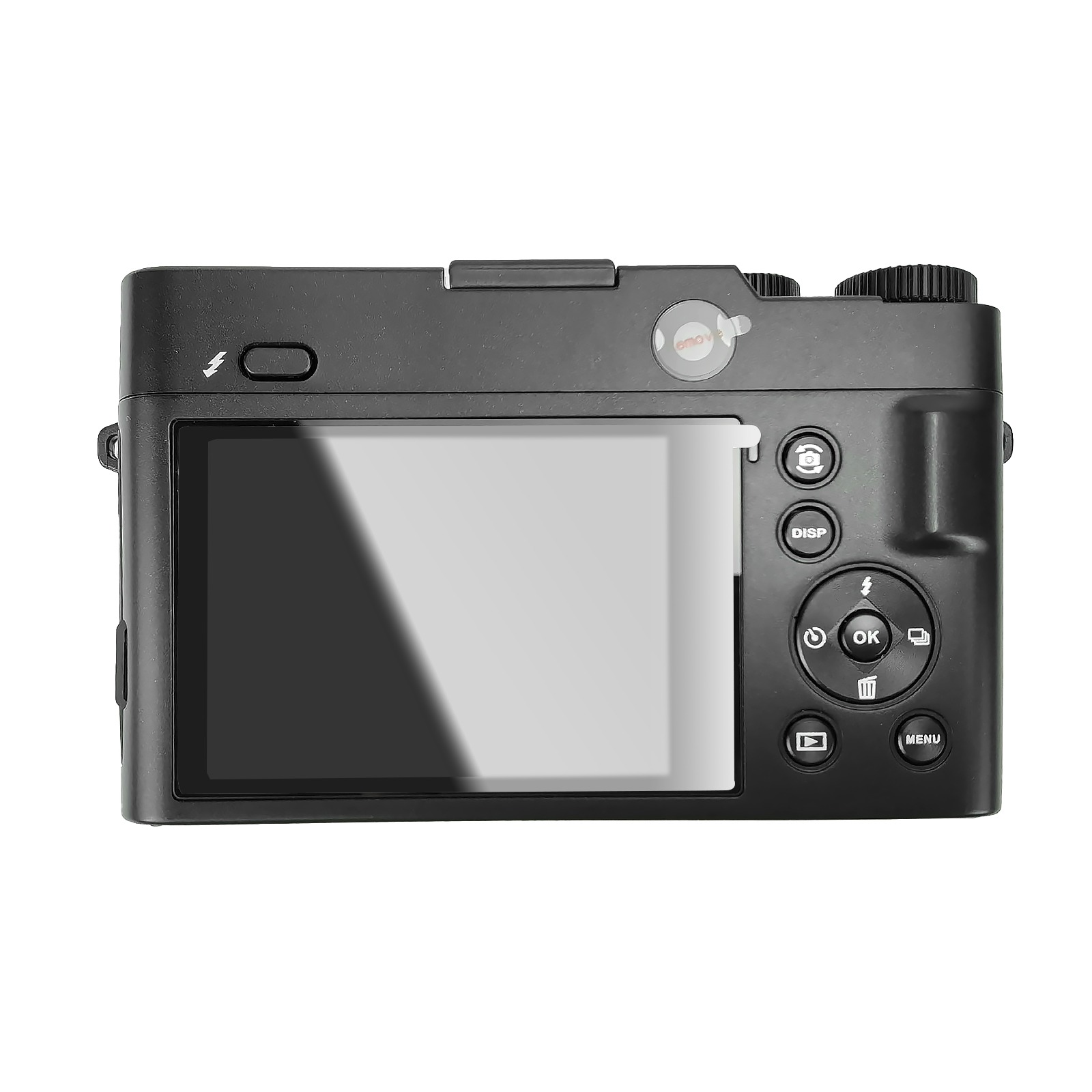 Widok z tyłu czarnego aparatu cyfrowego, pokazujący przyciski, ekran i pokrętło.