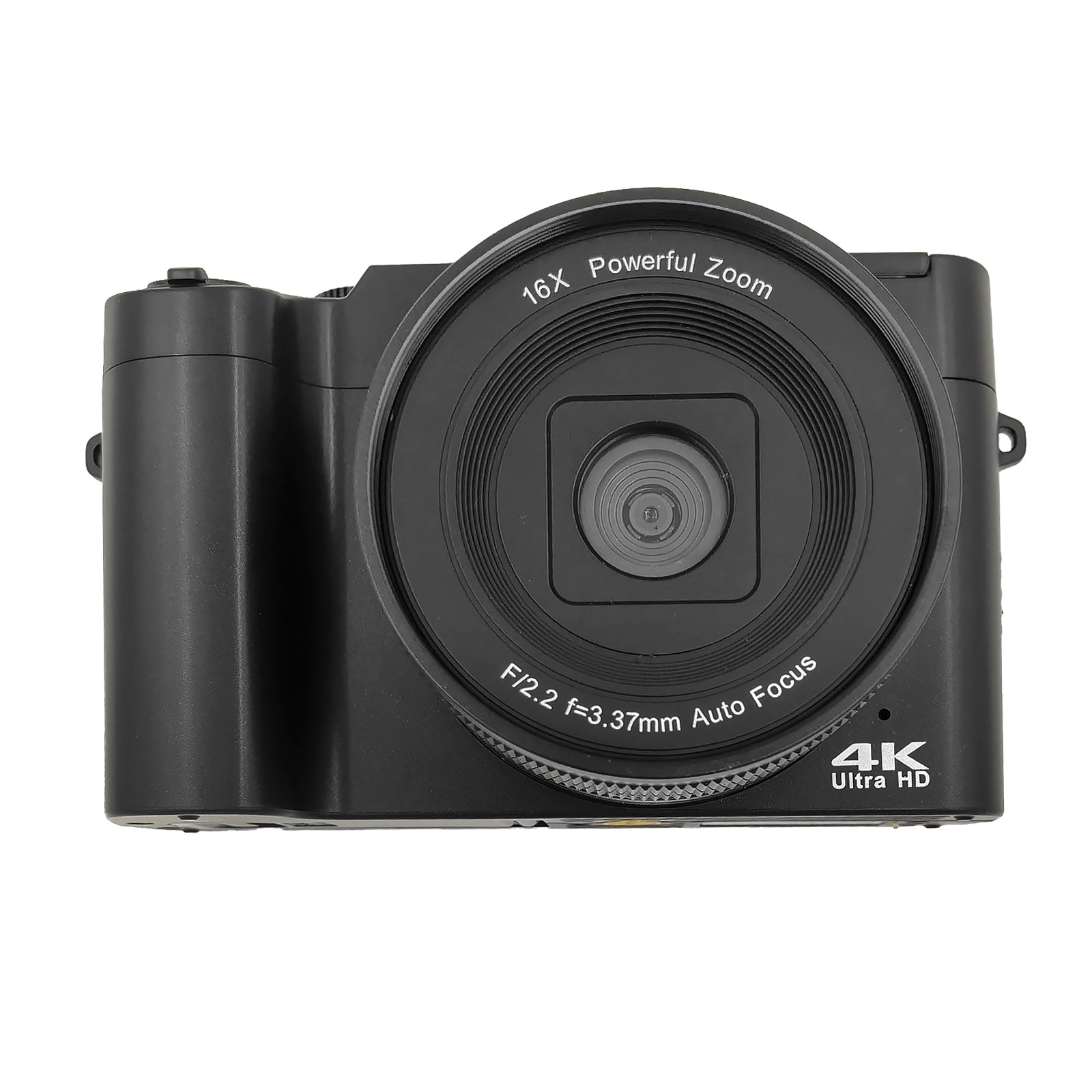 Czarny aparat cyfrowy. Ma obiektyw z 16-krotnym zoomem i 4K Ultra HD. Aparat jest na białym tle.