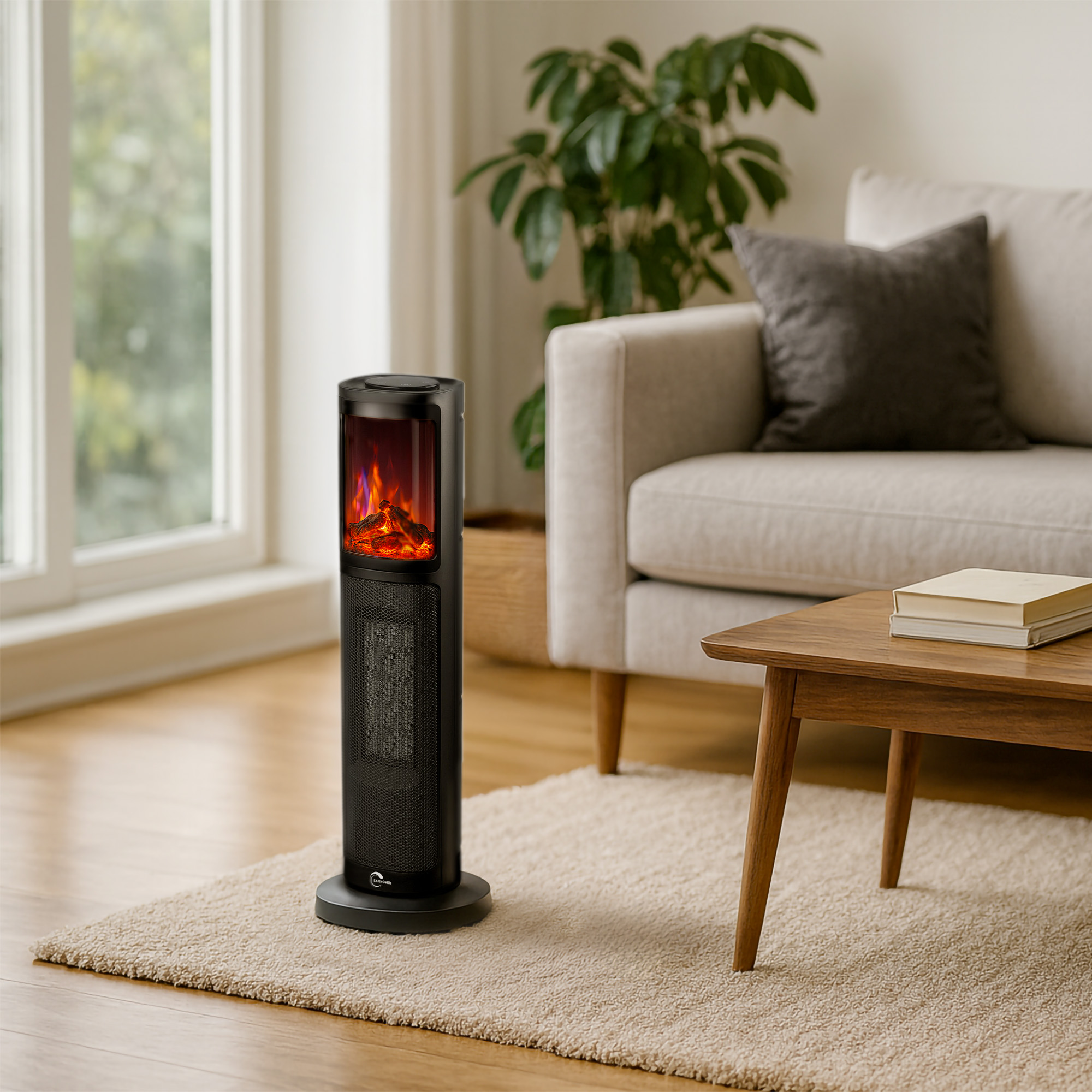 Ein schwarzer elektrischer Kamin steht auf einem Teppich. Im Hintergrund sind eine Couch, ein Couchtisch und ein Fenster.