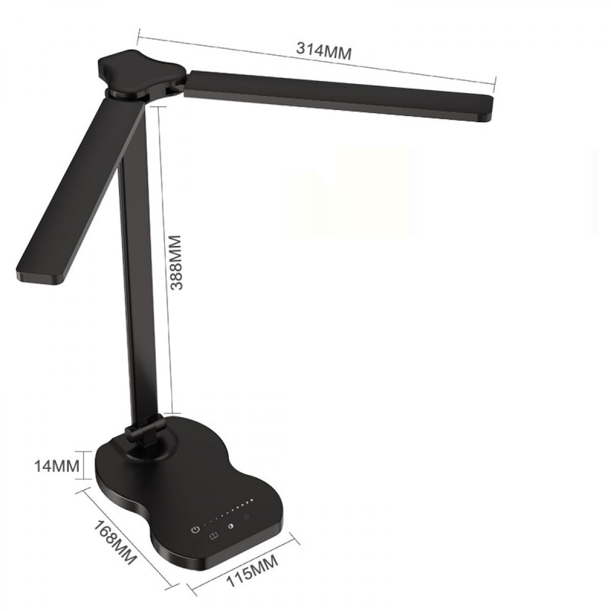 Eine schwarze Schreibtischlampe mit Maßangaben. Sie hat einen rechteckigen Kopf und einen gebogenen Sockel mit Bedienelementen.