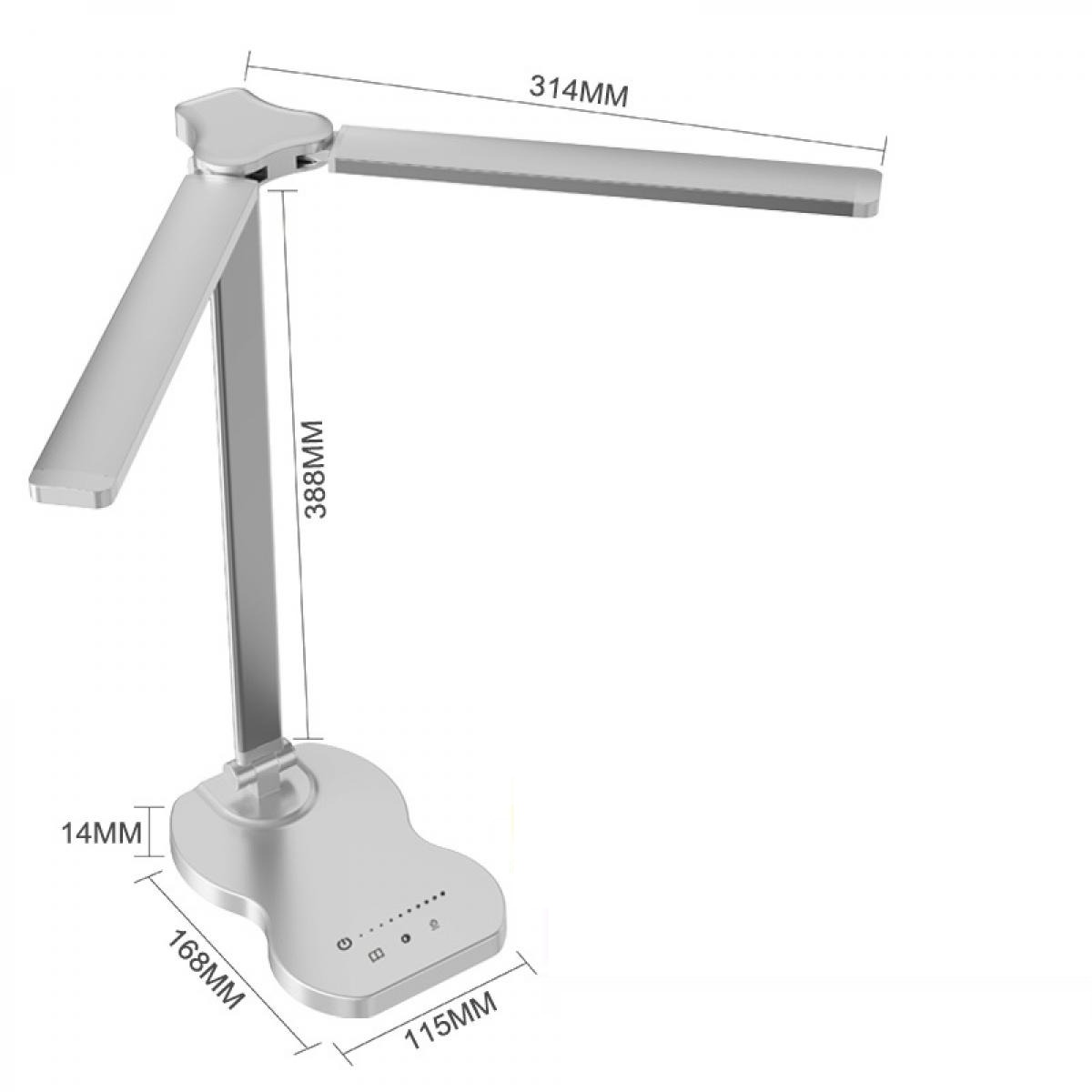 Eine silberne Schreibtischlampe mit rechteckigem Licht, verstellbarem Arm und Basis mit Touch-Bedienelementen. Abmessungen sind angegeben.