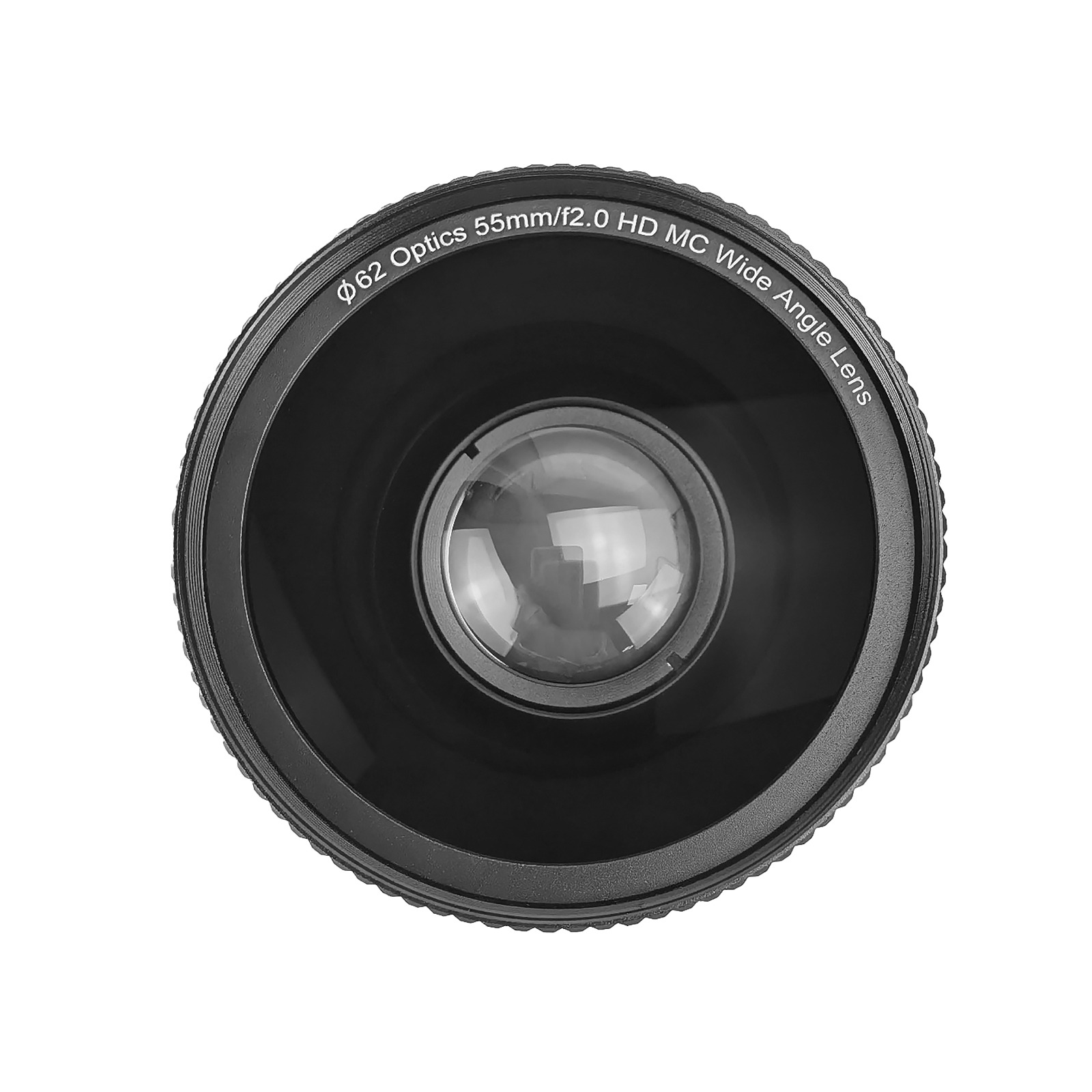 Zbliżenie czarnego obiektywu szerokokątnego na białym tle. Obiektyw ma tekst na krawędzi.