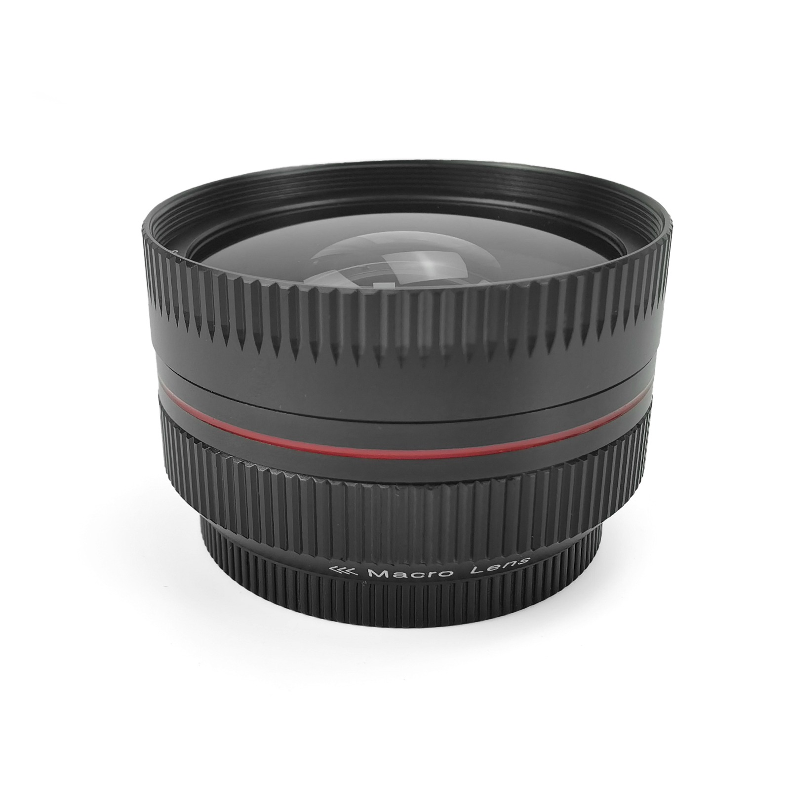Obiektyw makro, czarny z czerwonym akcentem, na białym tle. Ma żebrowane boki i zakrzywioną szklaną soczewkę.