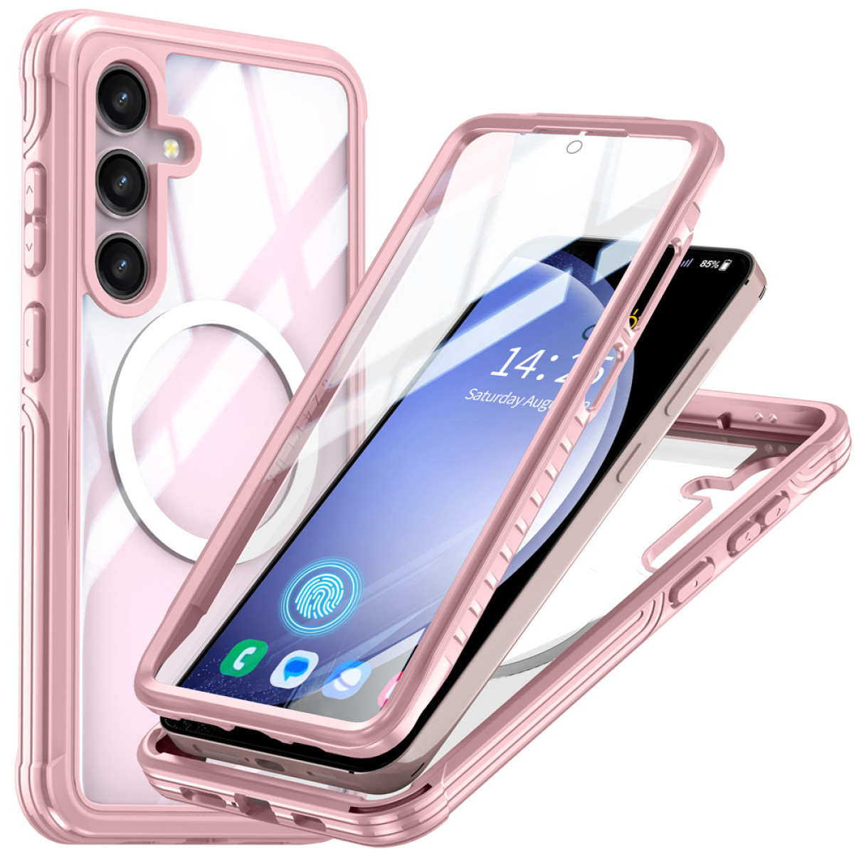 Różowe etui na telefon z przezroczystą osłoną i telefonem w środku. Ekran wyświetla godzinę i aplikacje. Etui jest wieloczęściowe.