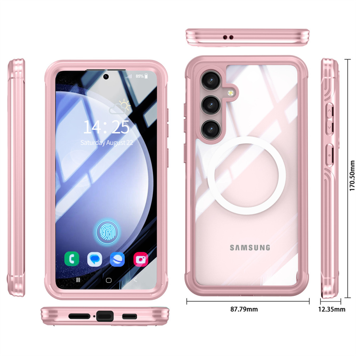 Różowe etui na telefon z telefonem w środku. Wymiary: wysokość 170,50 mm, szerokość 87,79 mm i grubość 12,35 mm.