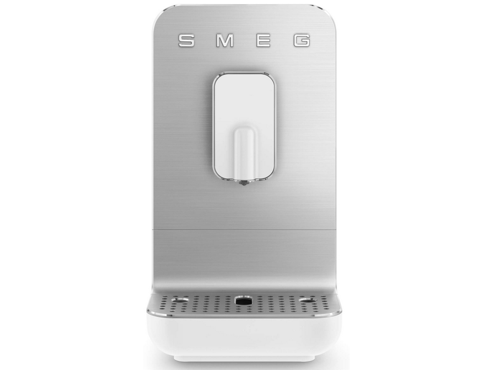 Un dispensador de agua SMEG plateado y blanco. Tiene un panel frontal blanco, un cuerpo plateado y el logo SMEG en la parte superior.