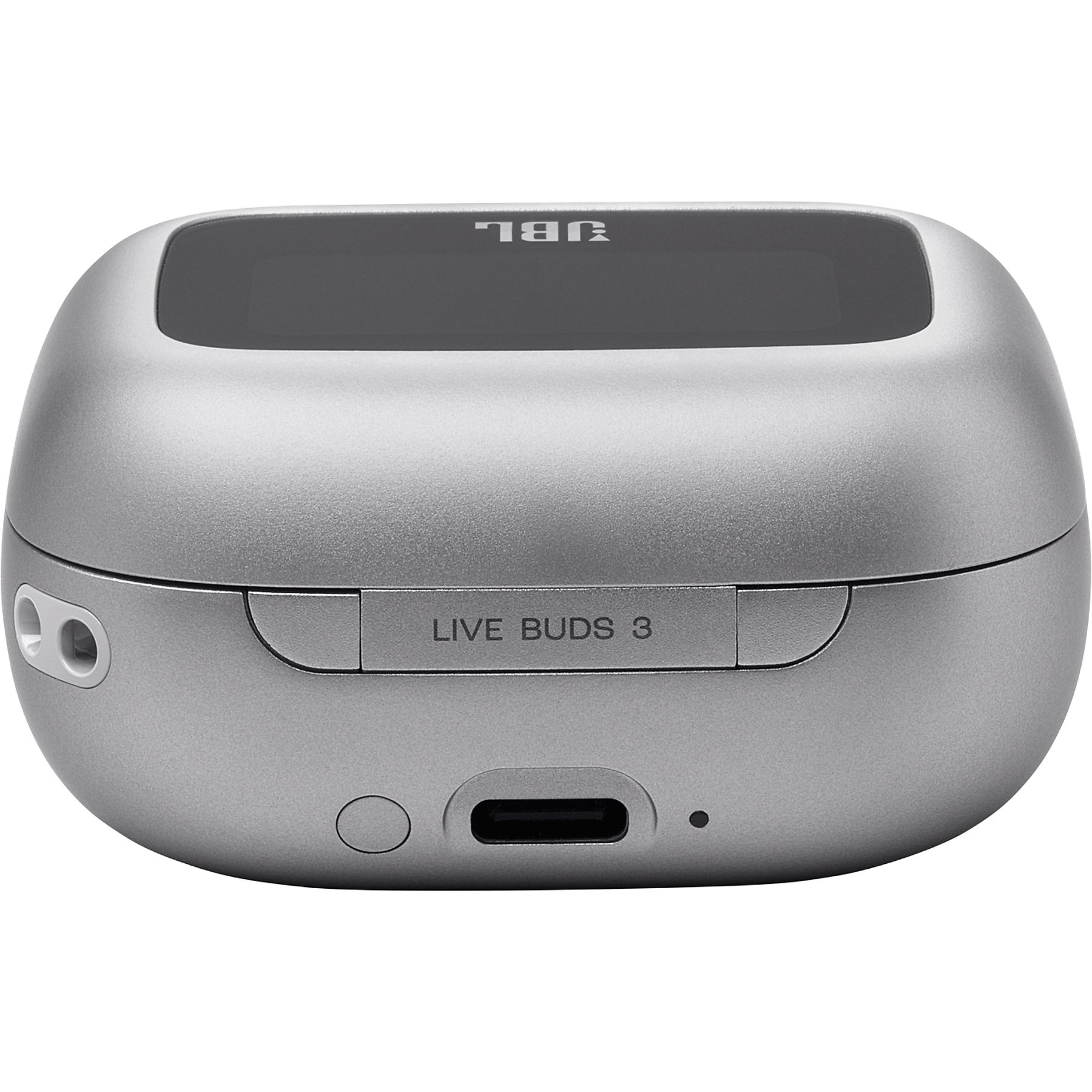 Custodia di ricarica argentata JBL Live Buds 3, con parte superiore scura e testo 'LIVE BUDS 3'.