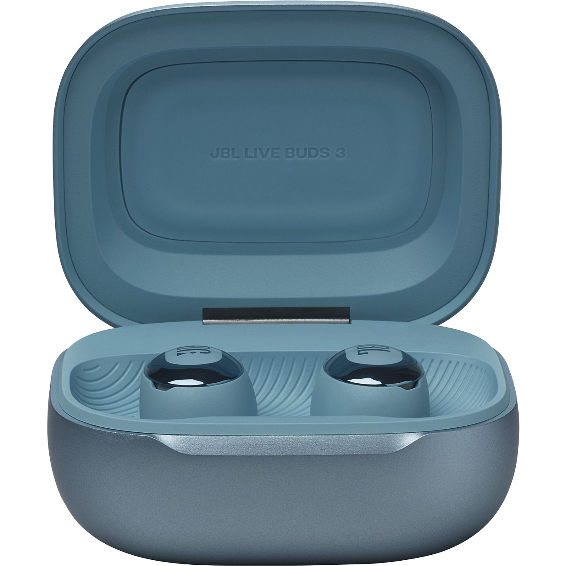 Custodia JBL Live Buds 3 aperta. All'interno, due auricolari. Custodia verde acqua con dettagli argento.