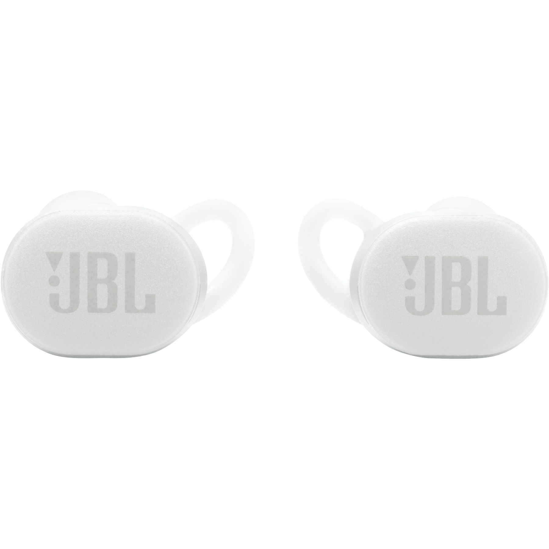 Zwei weiße JBL-Ohrhörer auf weißem Hintergrund. Jeder hat das JBL-Logo. Das Design ist modern und elegant.