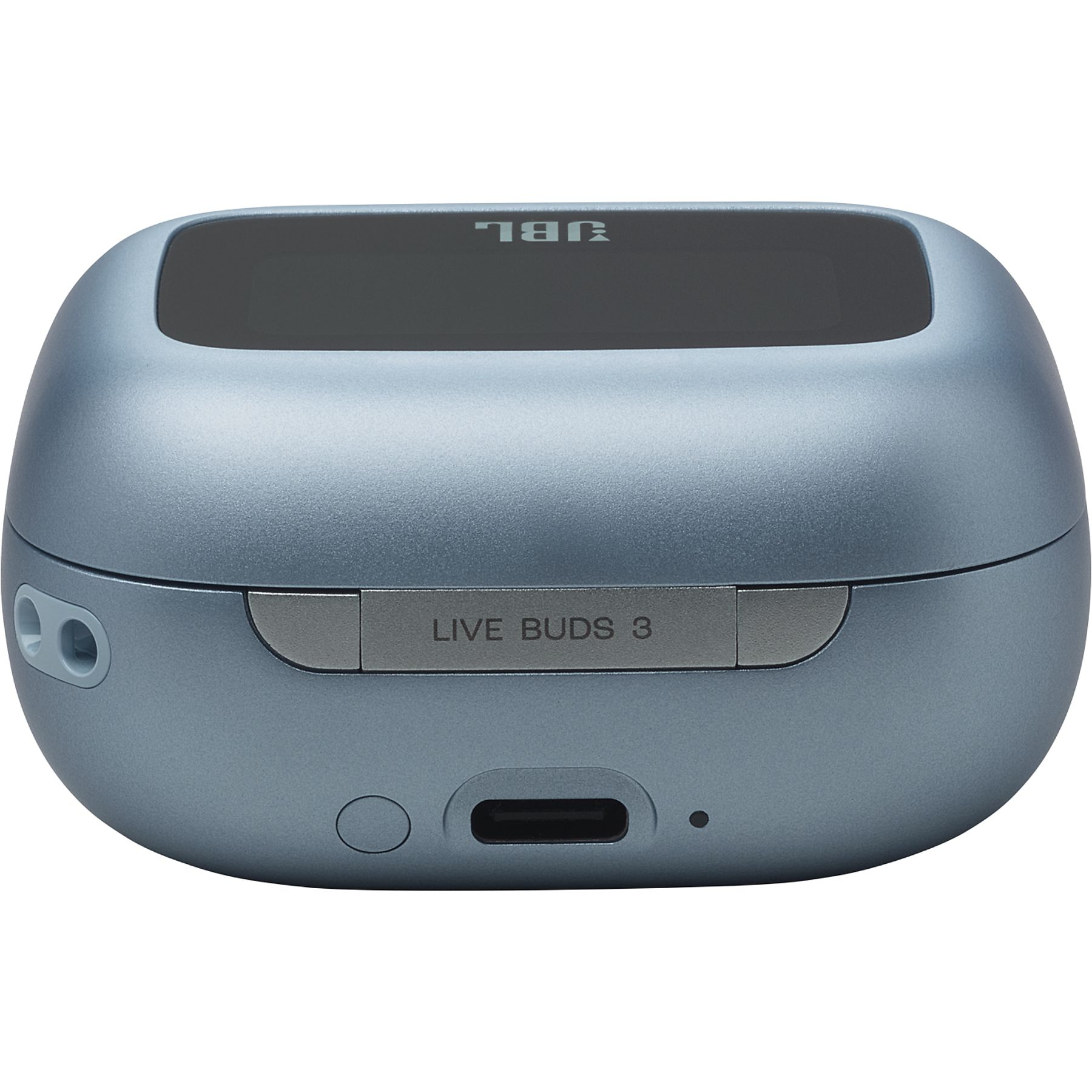 Custodia di ricarica blu JBL Live Buds 3. Ha una sezione superiore grigio scuro e una placca argento metallizzato con 'LIVE BUDS 3'.