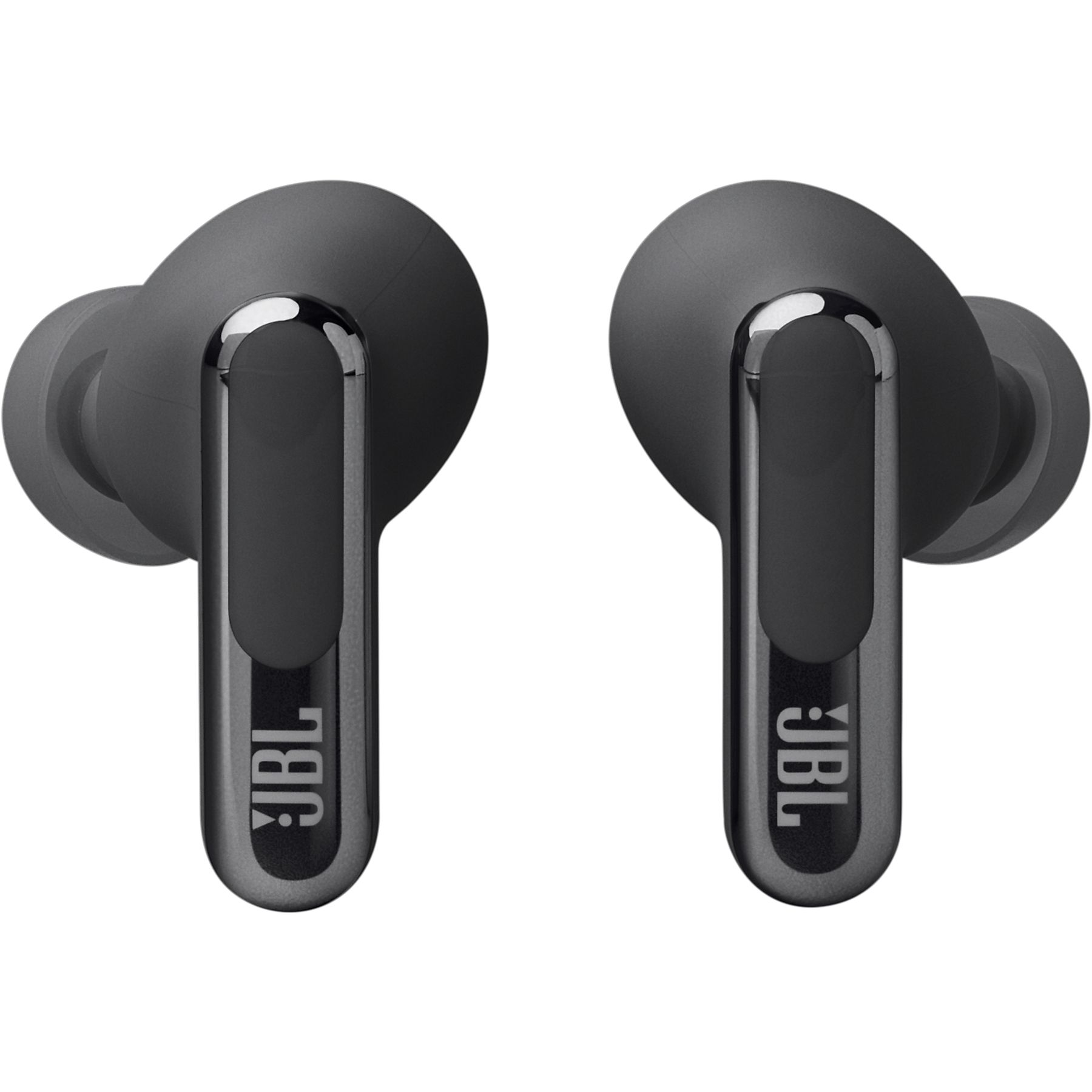 Two gray JBL wireless earbuds on a white background. Each has a rounded bud and a vertical stem.
