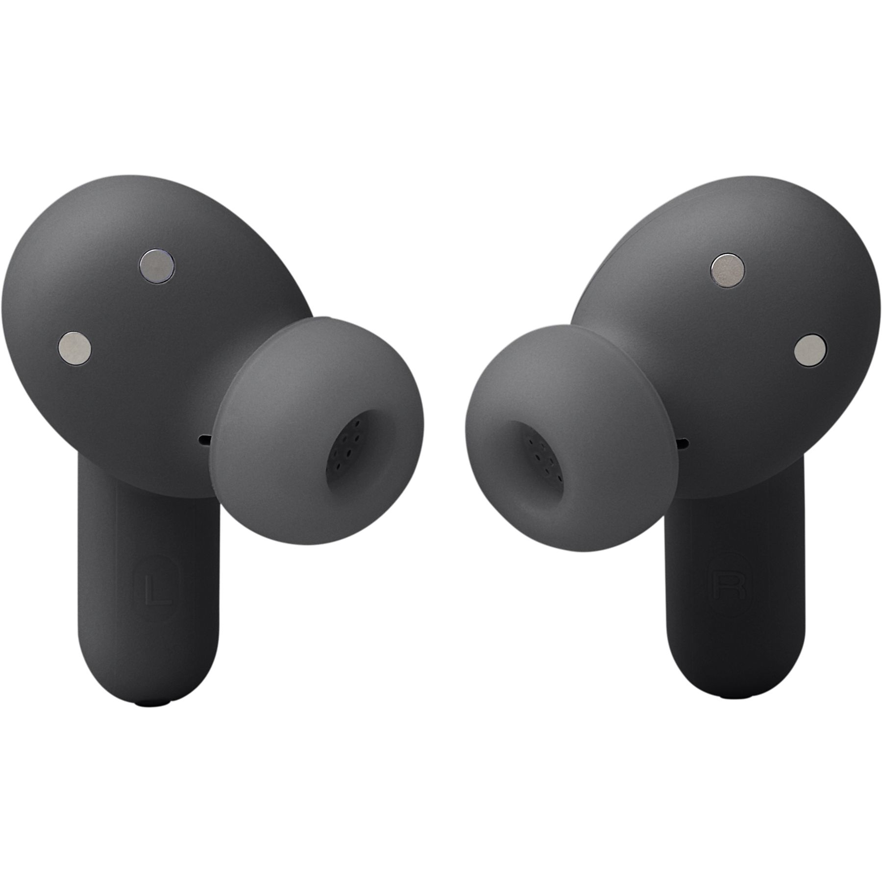 Two gray wireless earbuds are shown. Each has a rounded body and a stem. The left has an 'L', the right has an 'R'.