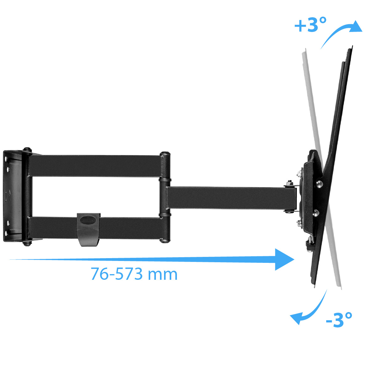 Czarny uchwyt ścienny do telewizora. Ma wiele ramion i może się rozciągać od 76-573 mm. Telewizor można pochylać do +3° i do -3°.