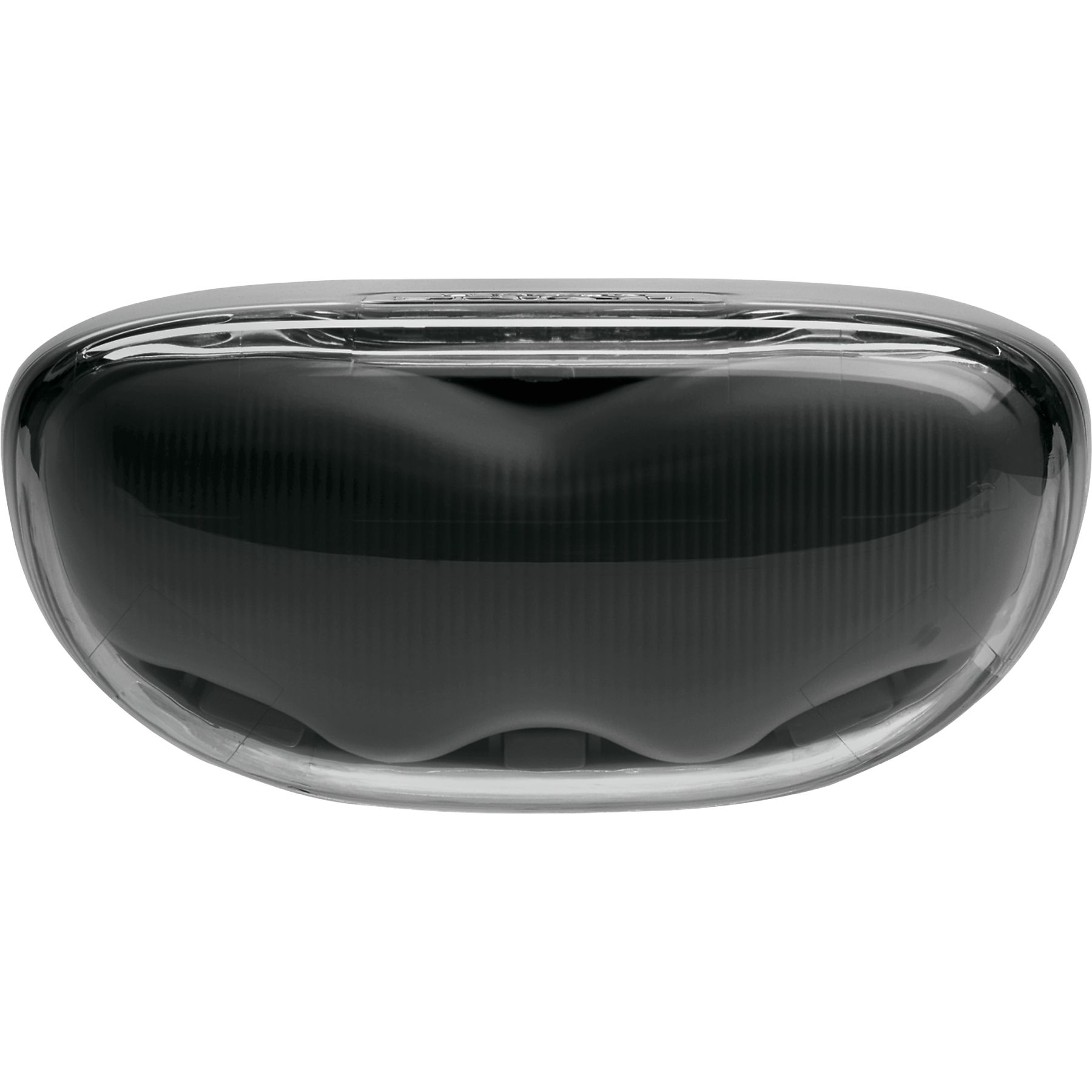 Przezroczysty, owalny obiekt z ciemnym, teksturowanym środkiem. Ma błyszczącą, odblaskową powierzchnię.