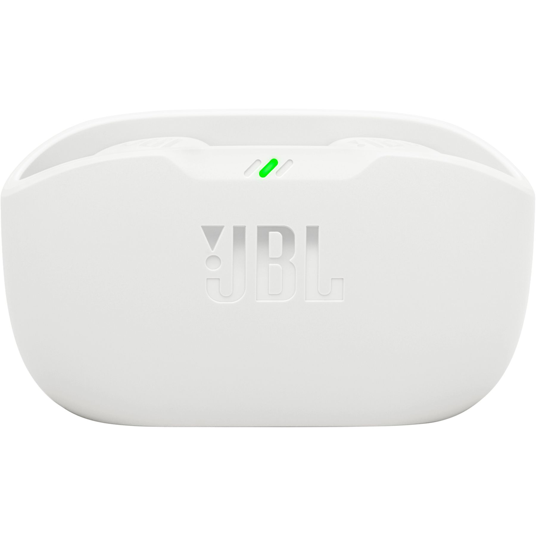 Weißes JBL-Kopfhörer-Ladecase. Grünes Licht oben. JBL-Logo auf der Vorderseite.