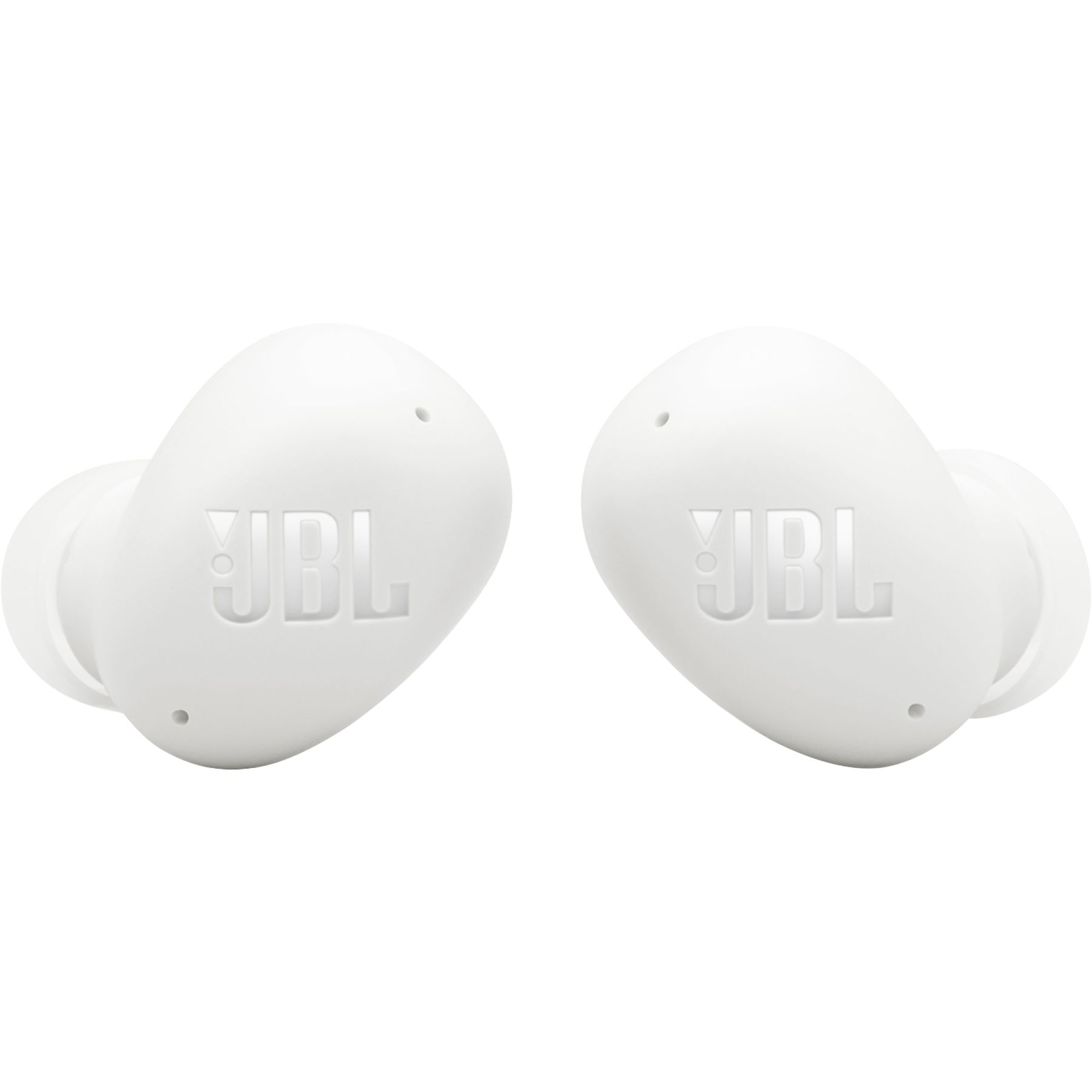 Zwei weiße JBL-Ohrhörer, isoliert auf weißem Hintergrund. Jeder hat das JBL-Logo.
