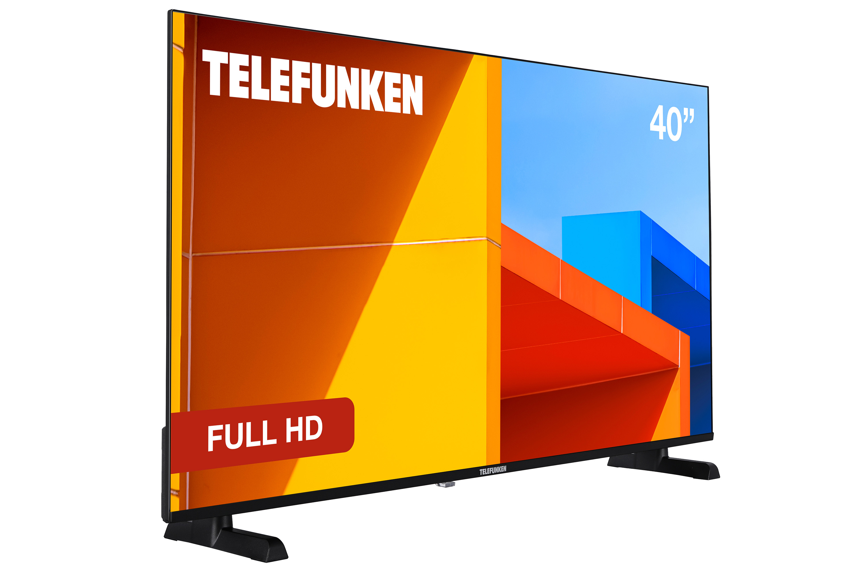 Un televisor TELEFUNKEN de 40" Full HD. La pantalla muestra un diseño abstracto y colorido. El televisor está sobre un fondo blanco.