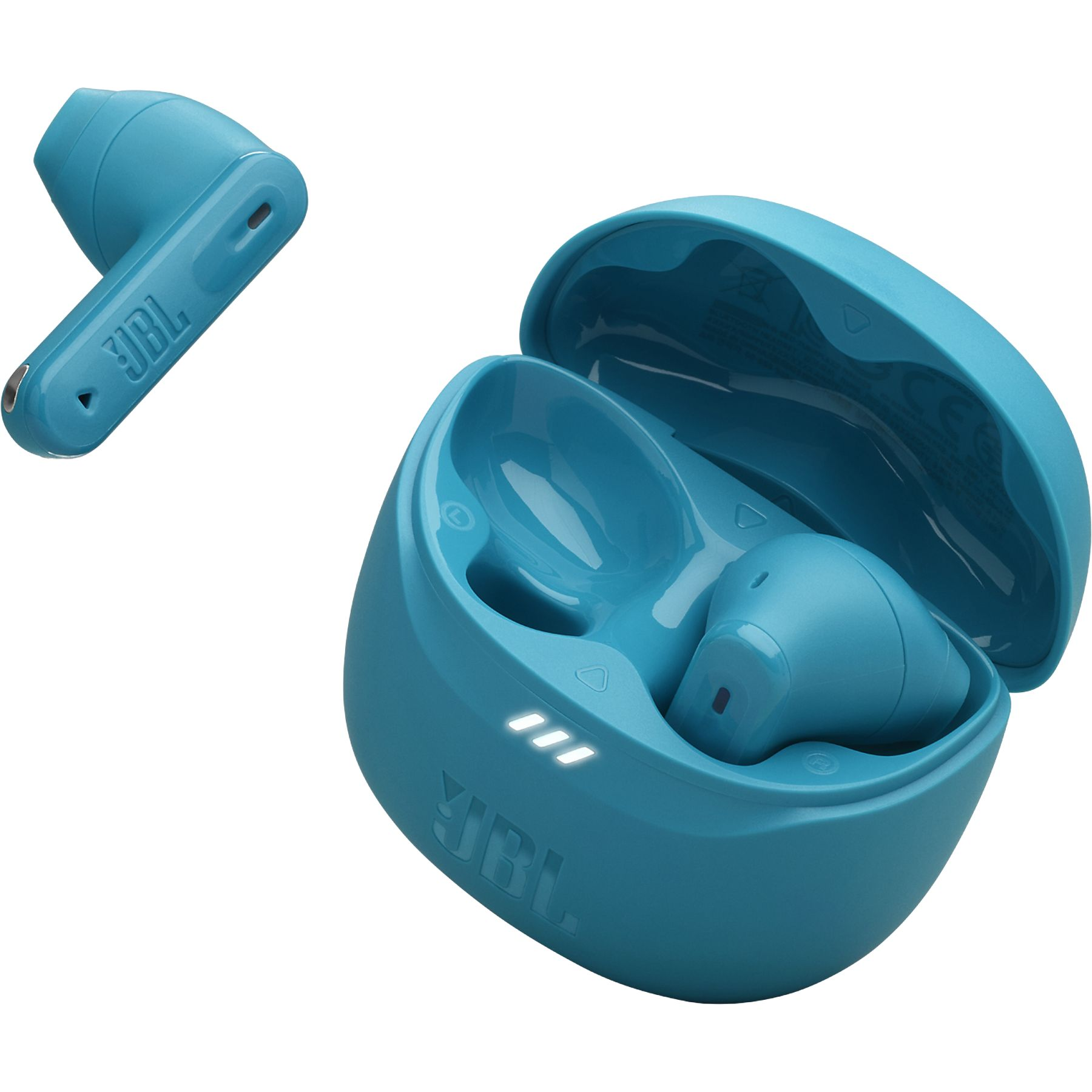Turquoise JBL earbuds and case. One earbud is separate. Case open with two earbuds inside. JBL logo visible.