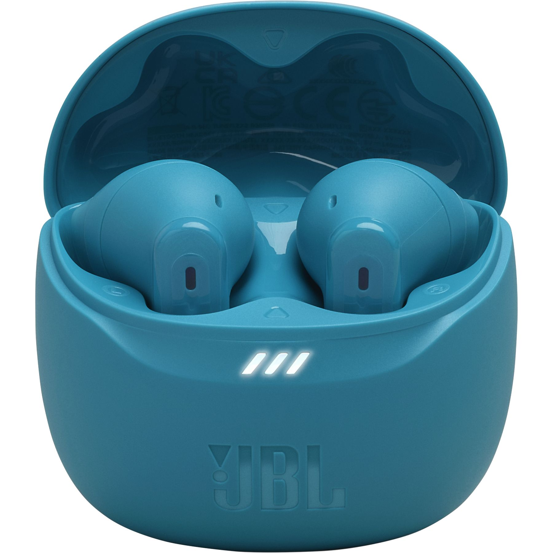 Teal JBL earbuds in an open case. Two earbuds sit inside, the case is open. JBL logo is visible.