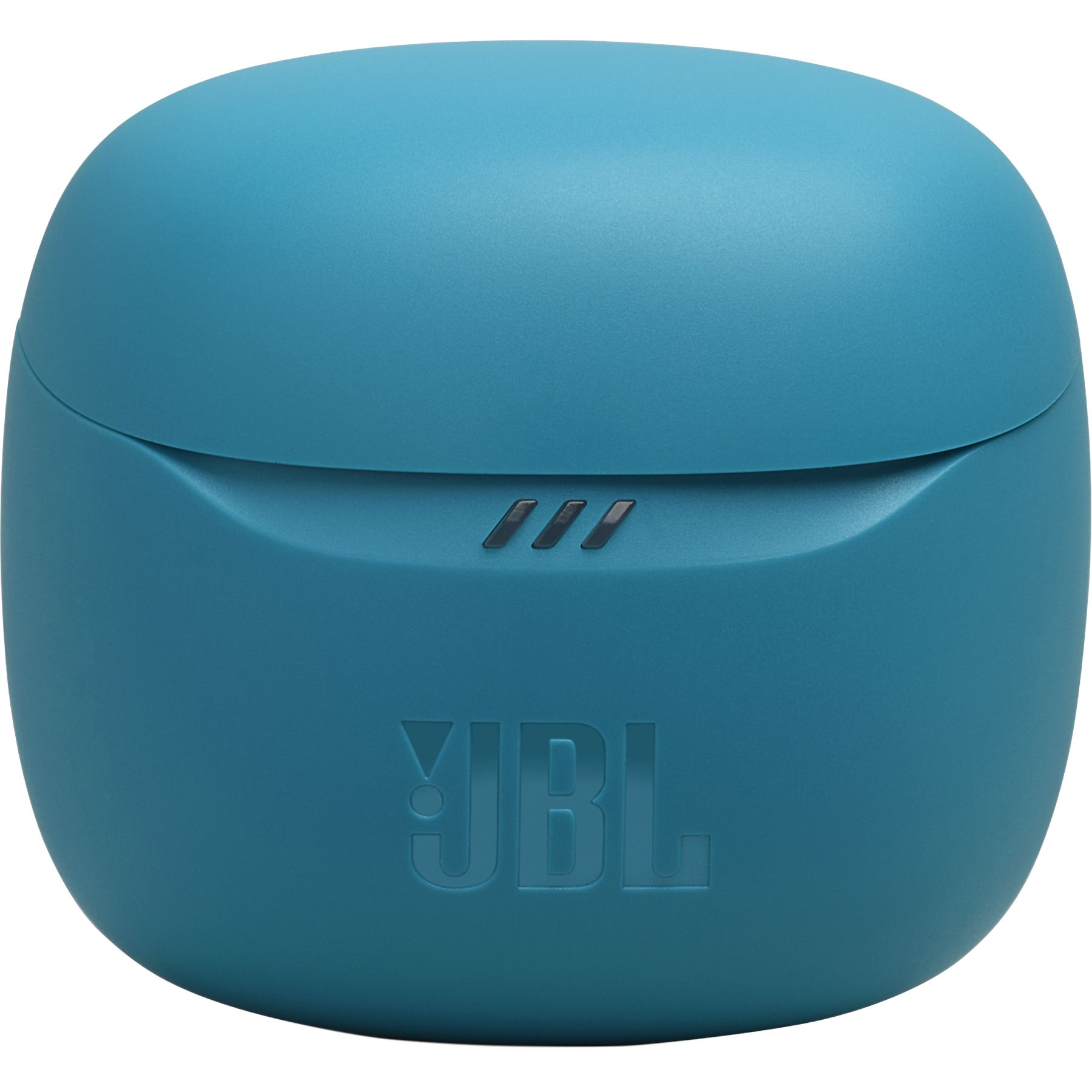 A teal JBL earbud case. It has the JBL logo, three lines, and a smooth, rounded design.