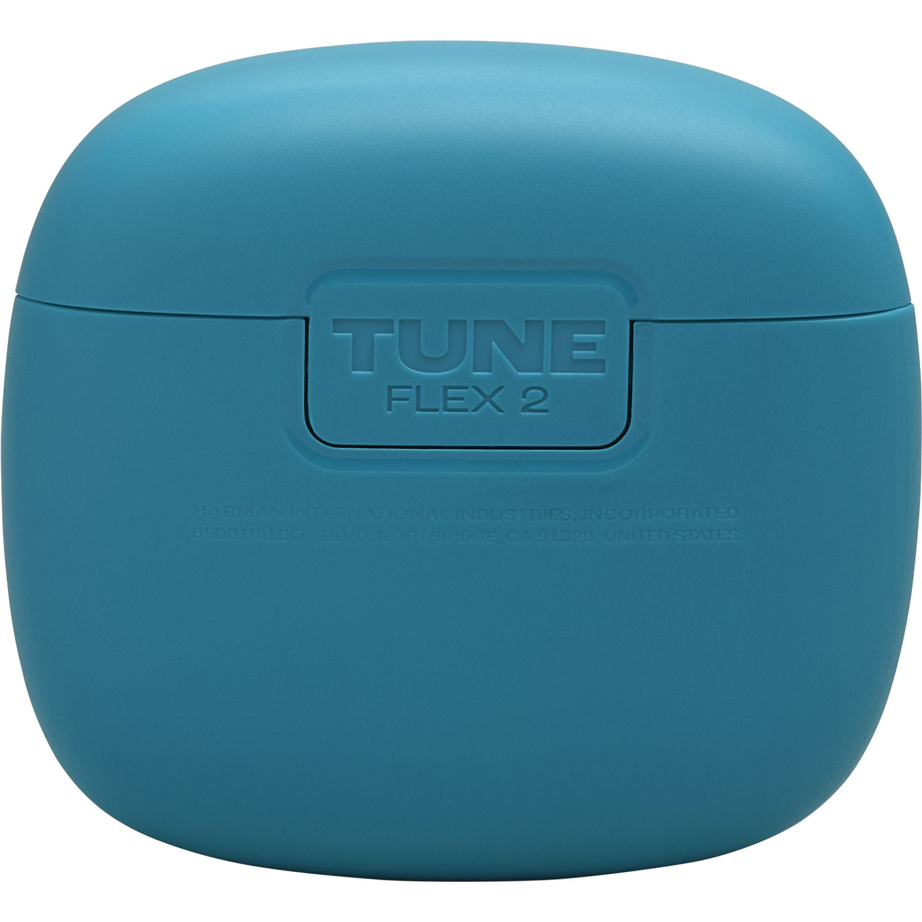 A teal, rounded case with the words 'TUNE FLEX 2' embossed. Text at the bottom indicates the manufacturer and address.