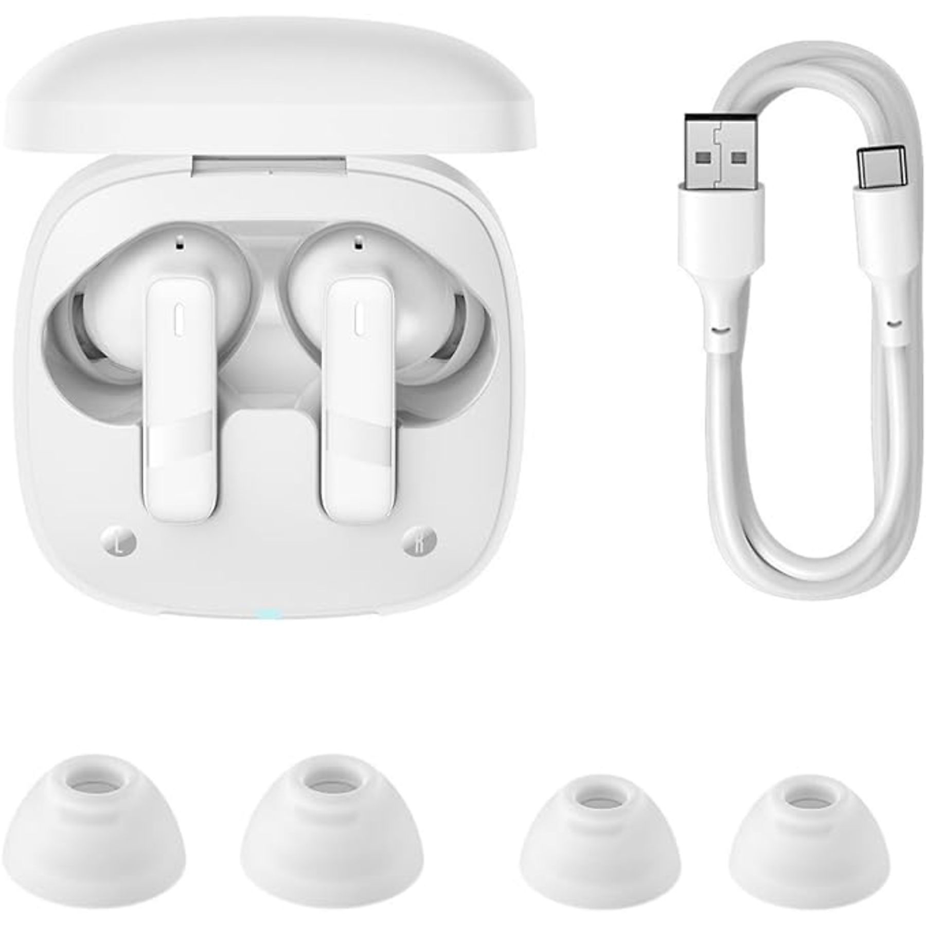 Weiße kabellose Ohrhörer mit Ladecase, USB-C-Kabel und zusätzlichen Ohrstöpseln. Alles weiß auf weißem Hintergrund.