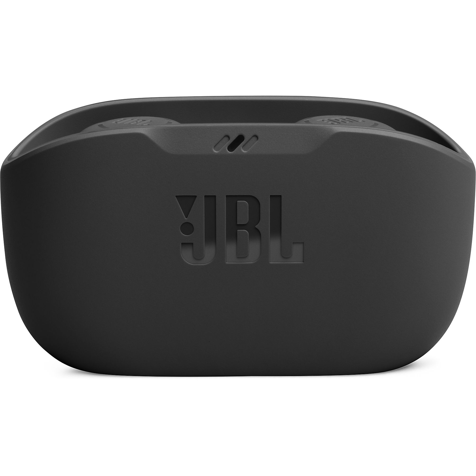 Czarne etui ładujące słuchawki JBL. Logo JBL z przodu. Trzy małe otwory na górze.