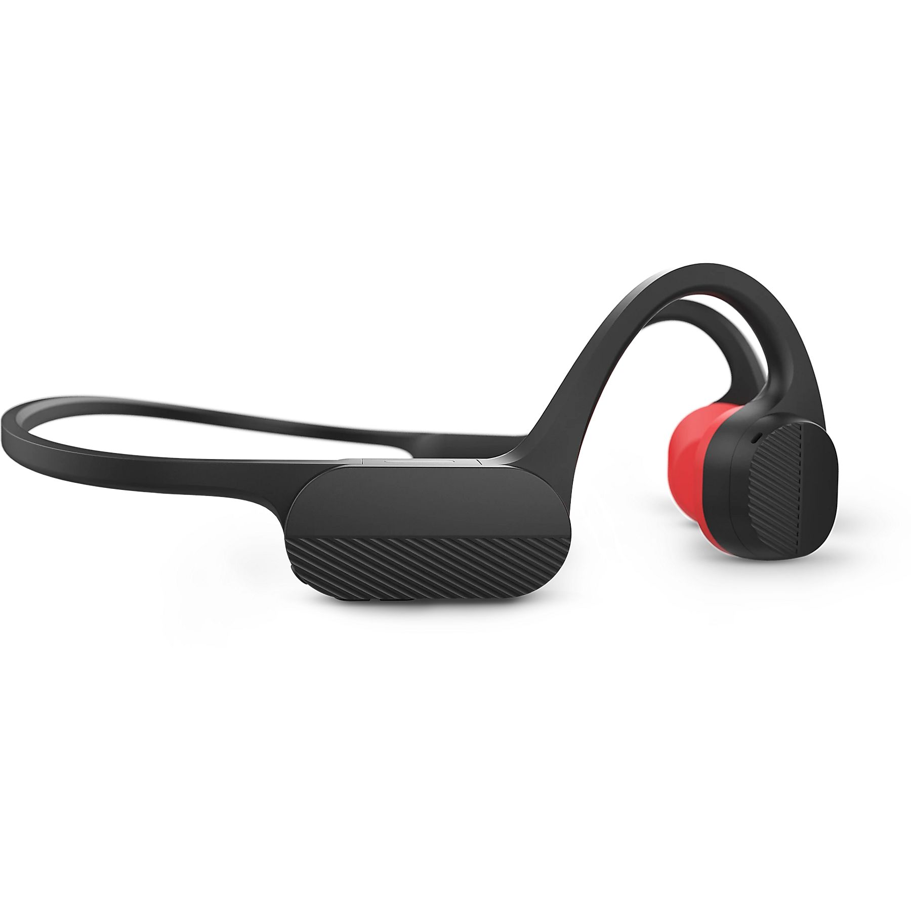 Casque à conduction osseuse noir et rouge sur fond blanc. Le design est élégant et moderne.