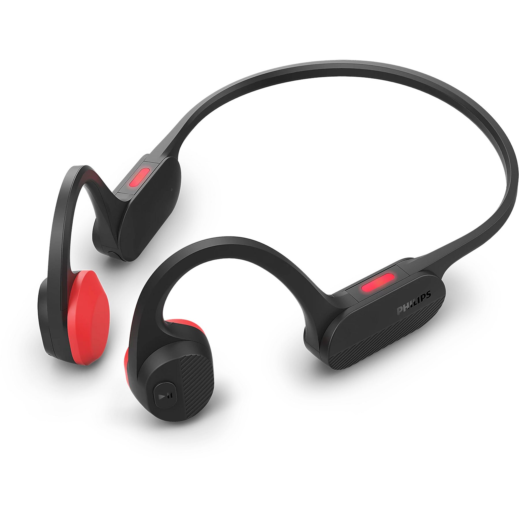 Casque à conduction osseuse Philips noir et rouge sur fond blanc. Le casque a un design incurvé et moderne.