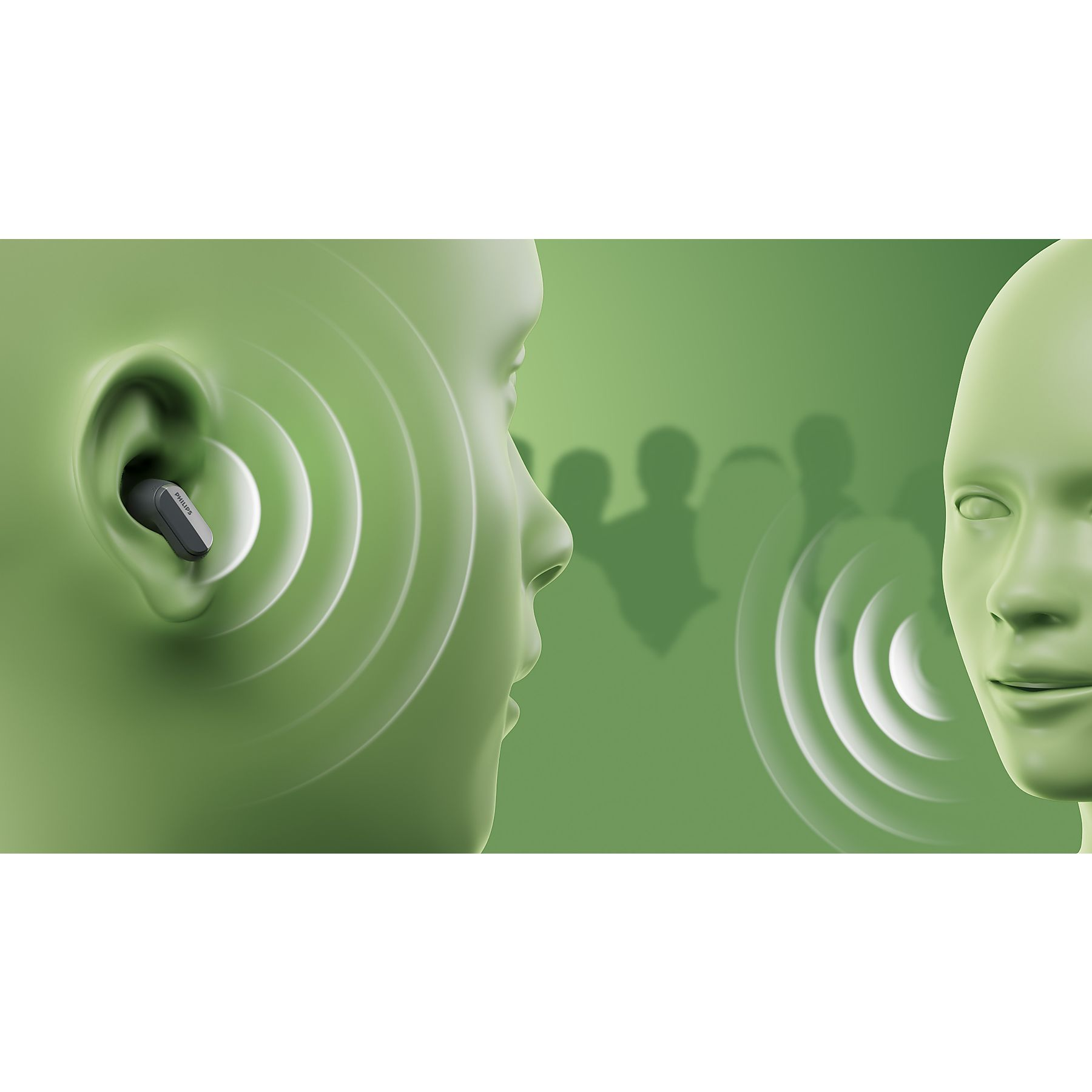 Immagine in tonalità verde. Due volti stilizzati con onde sonore. Auricolare in un orecchio. Ombre di persone sullo sfondo.