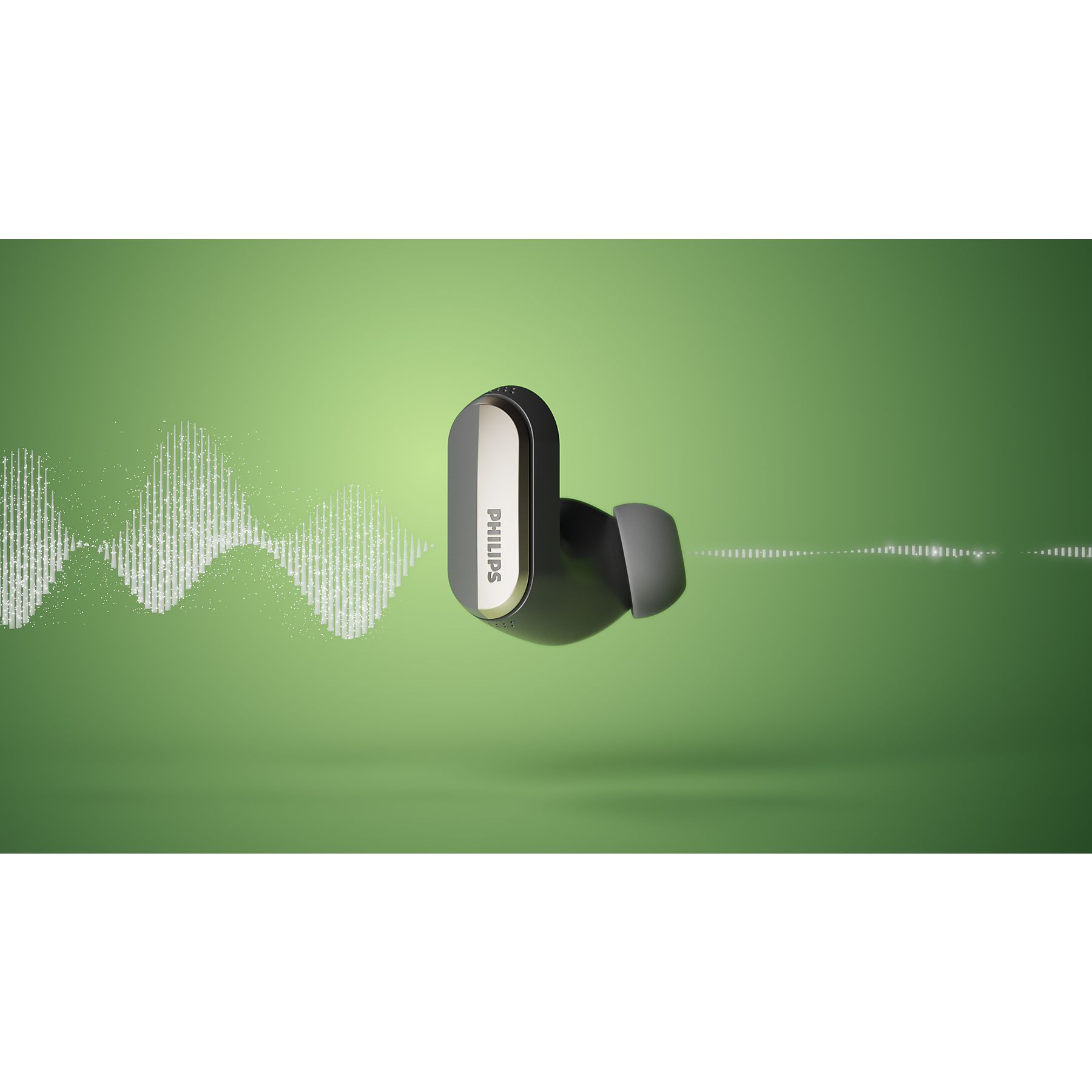 Auricolare su sfondo verde con grafica a onde sonore. L'auricolare è nero e argento, il marchio è Philips.