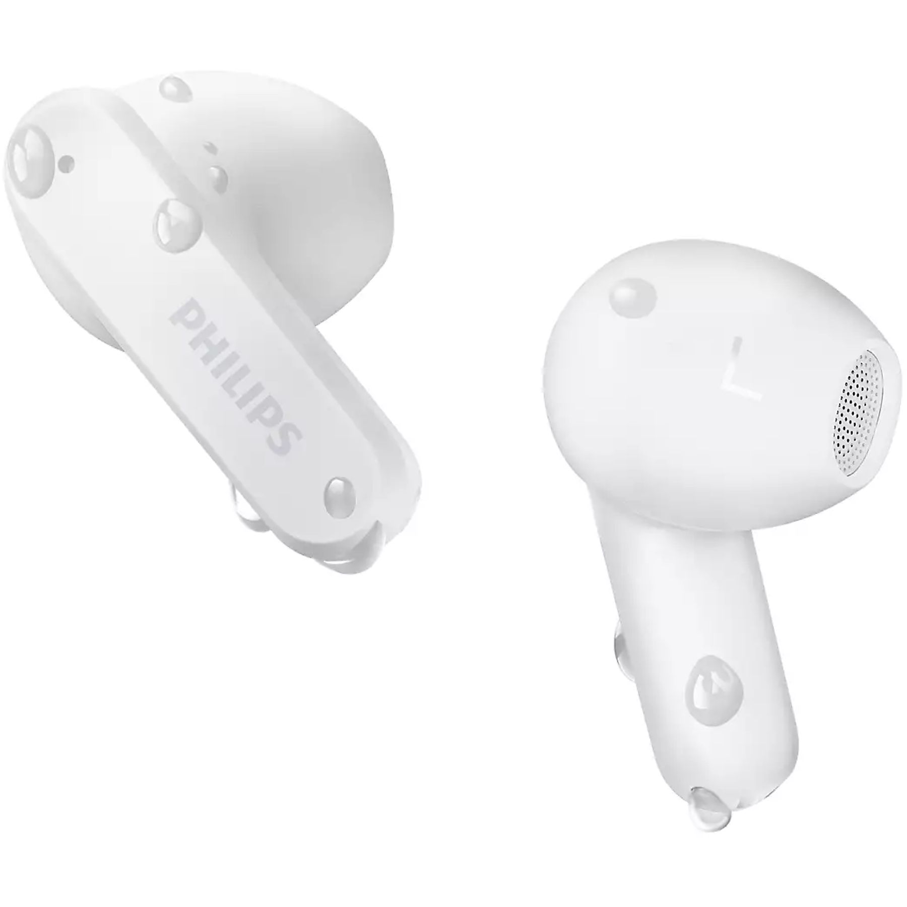 Zwei weiße Philips-Ohrhörer mit Wassertropfen. Einer zeigt den Markennamen.