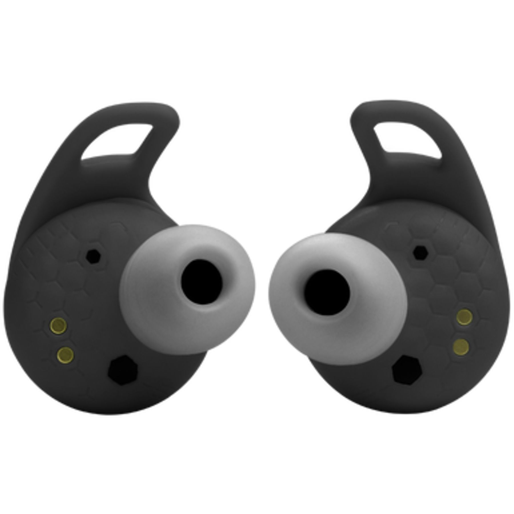 Para czarnych bezprzewodowych słuchawek z szarymi końcówkami na białym tle.