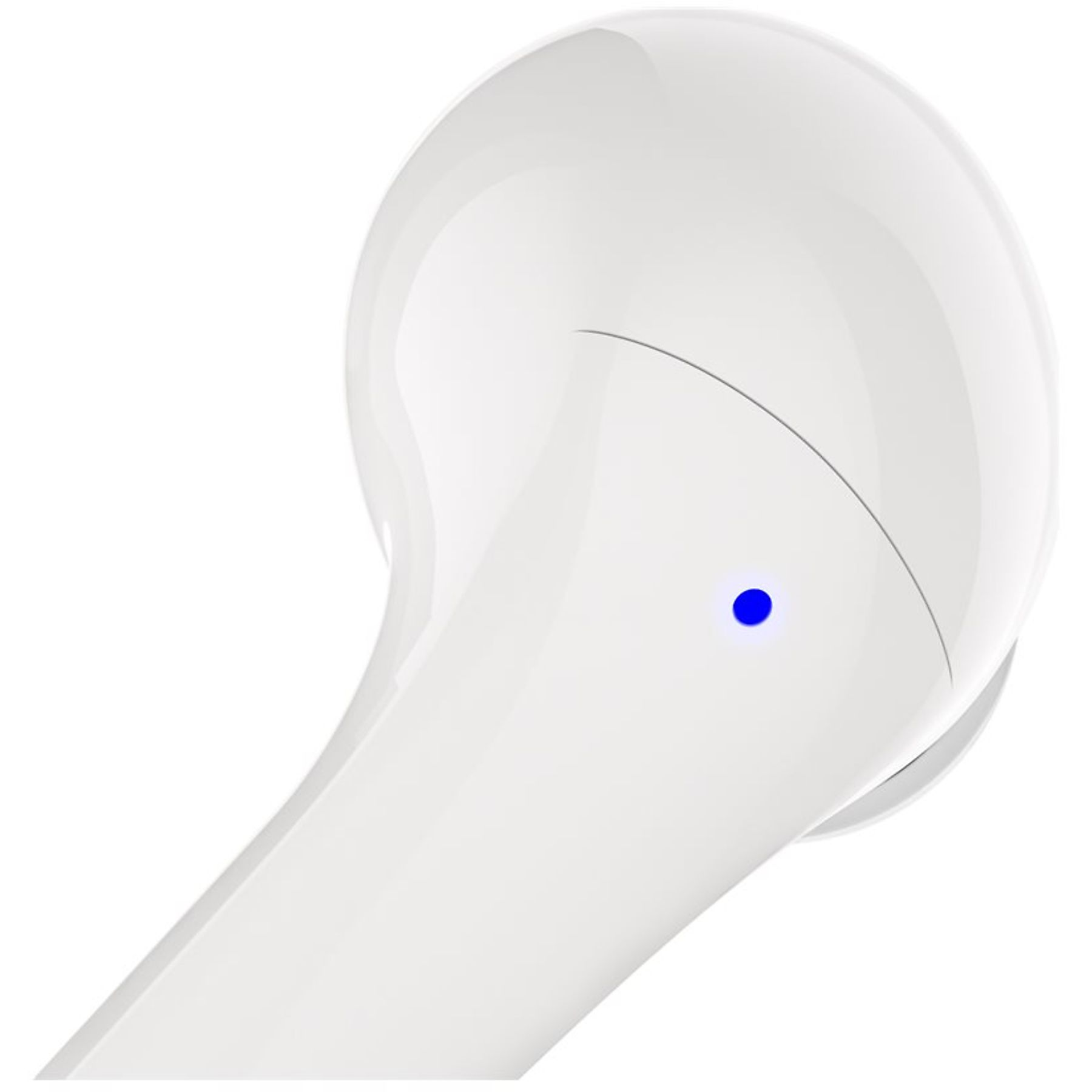 Een witte oortelefoon met een blauw lampje. Het is glanzend, met een gebogen ontwerp en tegen een witte achtergrond.